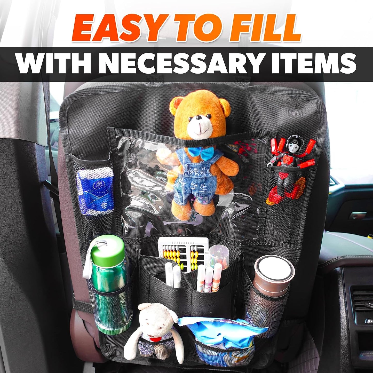 2 Pcs Backseat Car Organizer - Travel-Ready 23.4x16" Back Seat Car Organizer with 9 Large Pockets and Clear Tablet Holder, Made from Polyester with Adjustable Straps - Easy to Attach and Clean