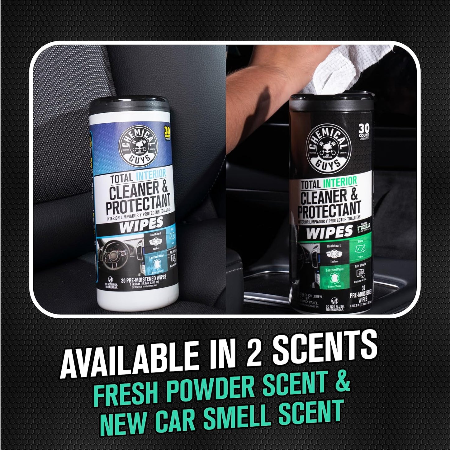 Chemical Guys Total Interior Cleaner and Protectant Wipes Canister, New Car Smell - All Surface Interior Cleaning Wipes for Dash Seats Door Panels Leather Vinyl & Fabric - Fresh New Car Scent, 2 Pack
