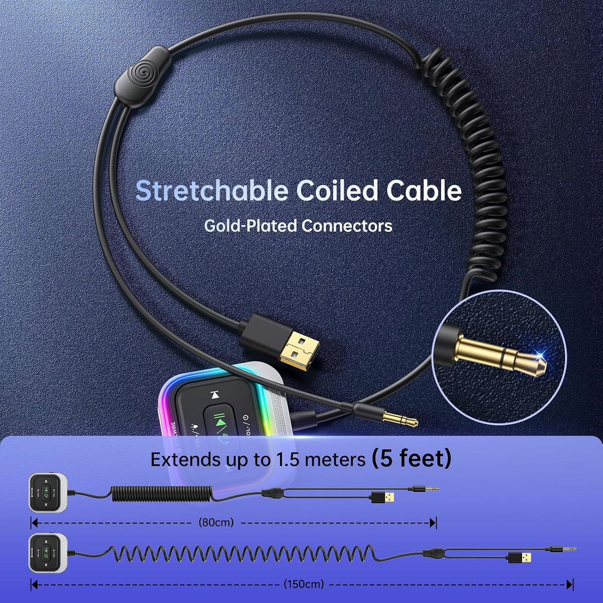 Syncwire Bluetooth 5.4 Receiver 3.5mm Aux Car Adapter Bluetooth Receiver Car Kit with Coiled Cable [Large Mic Noise Cancellation] [Hands-Free Calling] [HiFi Deep Bass] [Colorful Light Switch]