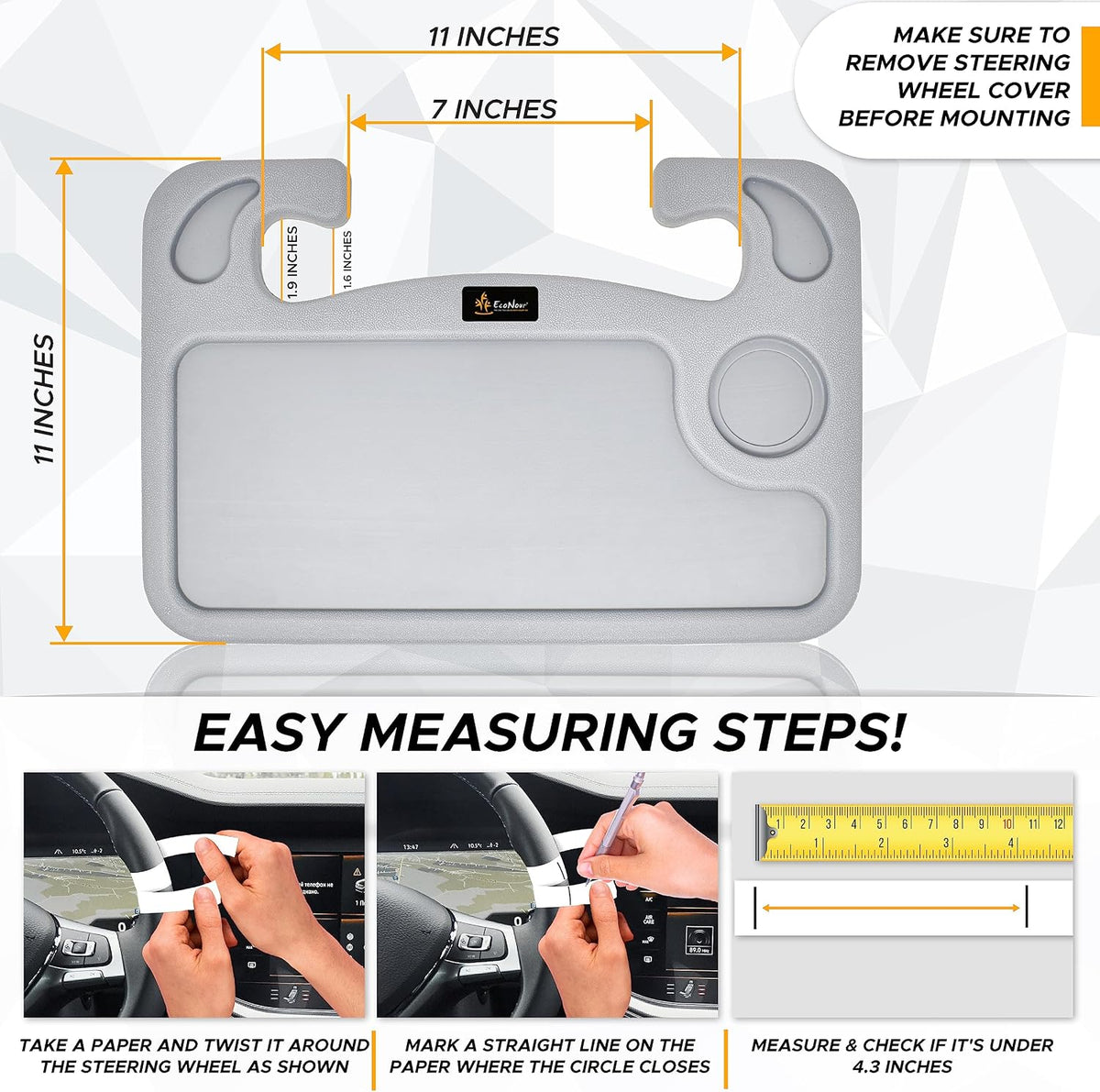 EcoNour 2 in 1 Car Steering Wheel Tray (Grey) | Car Tray for Laptop