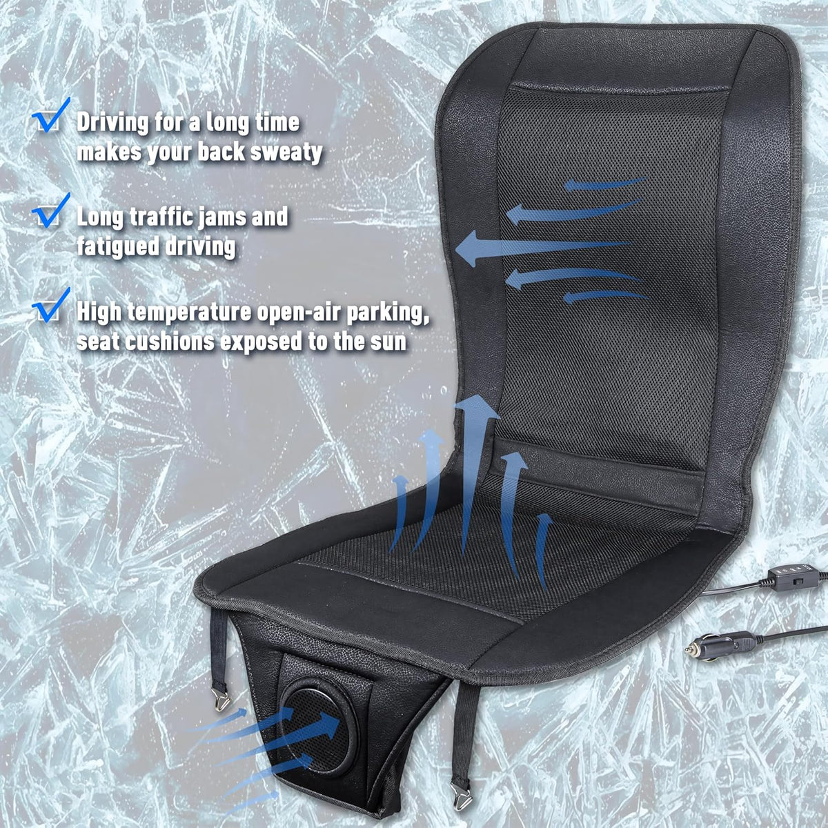 Premium Tech Cooling Car Seat Cushion - Black 12V Adjustable Temperature, Ergonomic Comfort with Enhanced Airflow, Universal Fit for All Vehicles