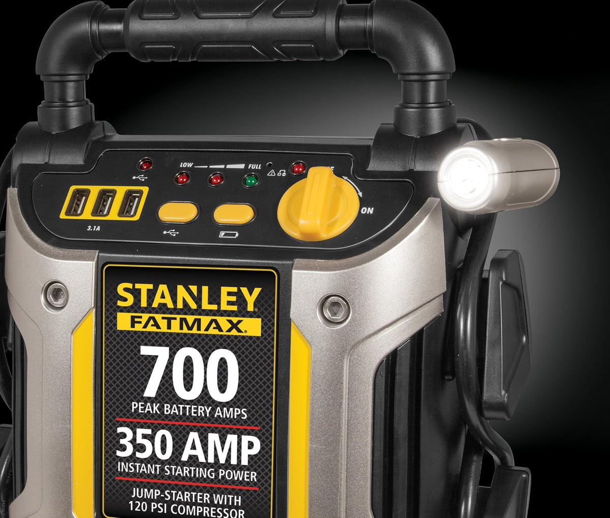 Stanley FATMAX J7CS Portable Power Station Jump Starter 700 Peak Amp Battery Booster, 120 PSI Air Inflator, 3.1A USB Ports, Battery Clamps