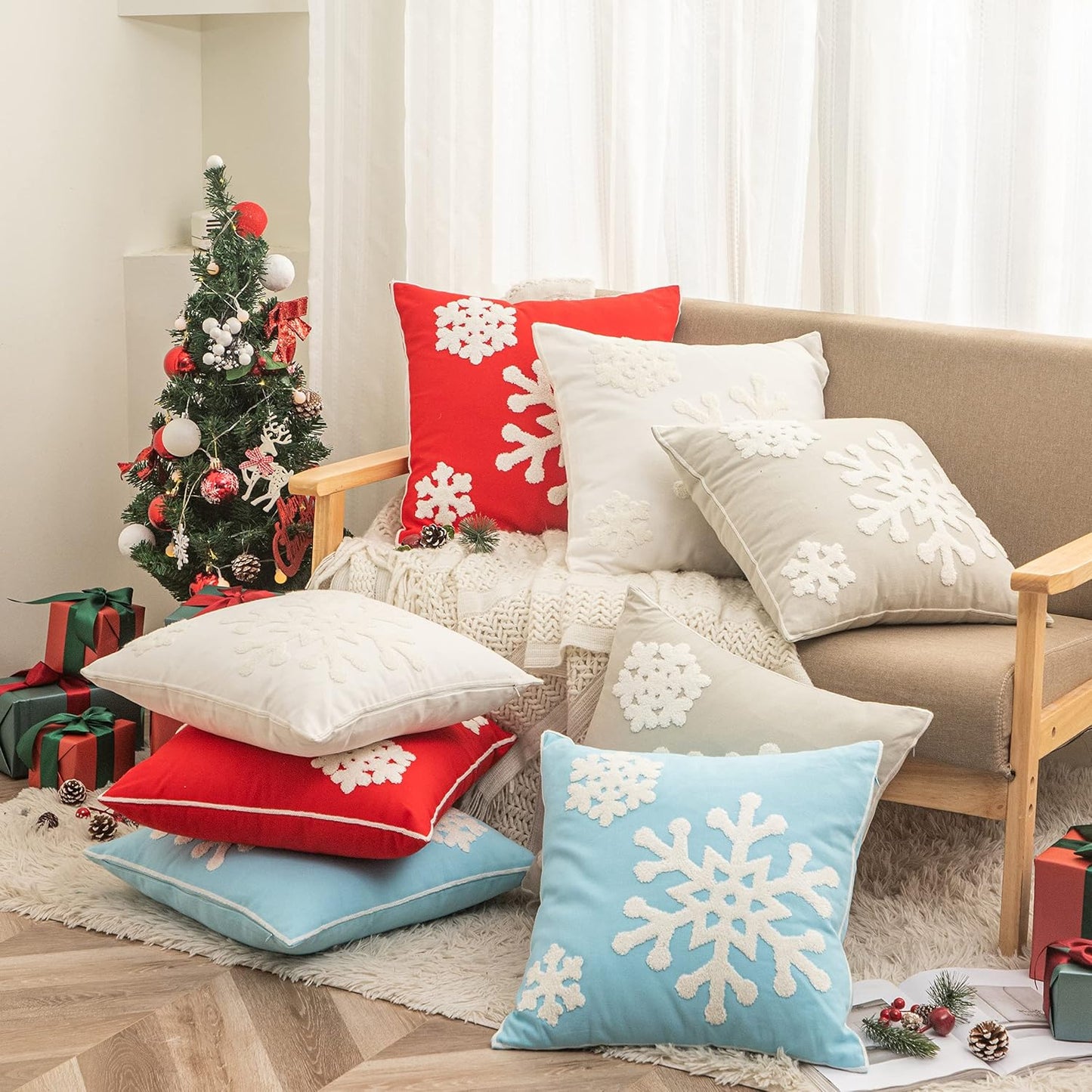 18x18,Cotton Christmas Blessing Throw Pillow Cover for Bed Sofa Cushion Car Snowflake Embroideried Pillowcases,1pair Blue