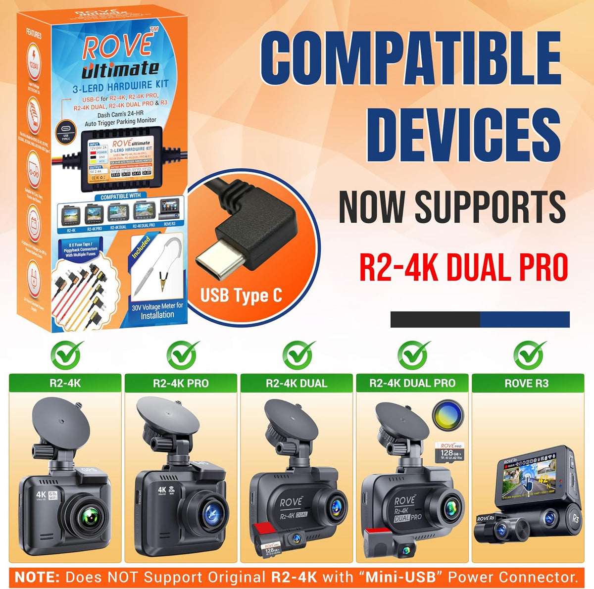 ROVE Ultimate Dash Cam Hardwire Kit, USB-C Port, 24Hr Parking Monitoring