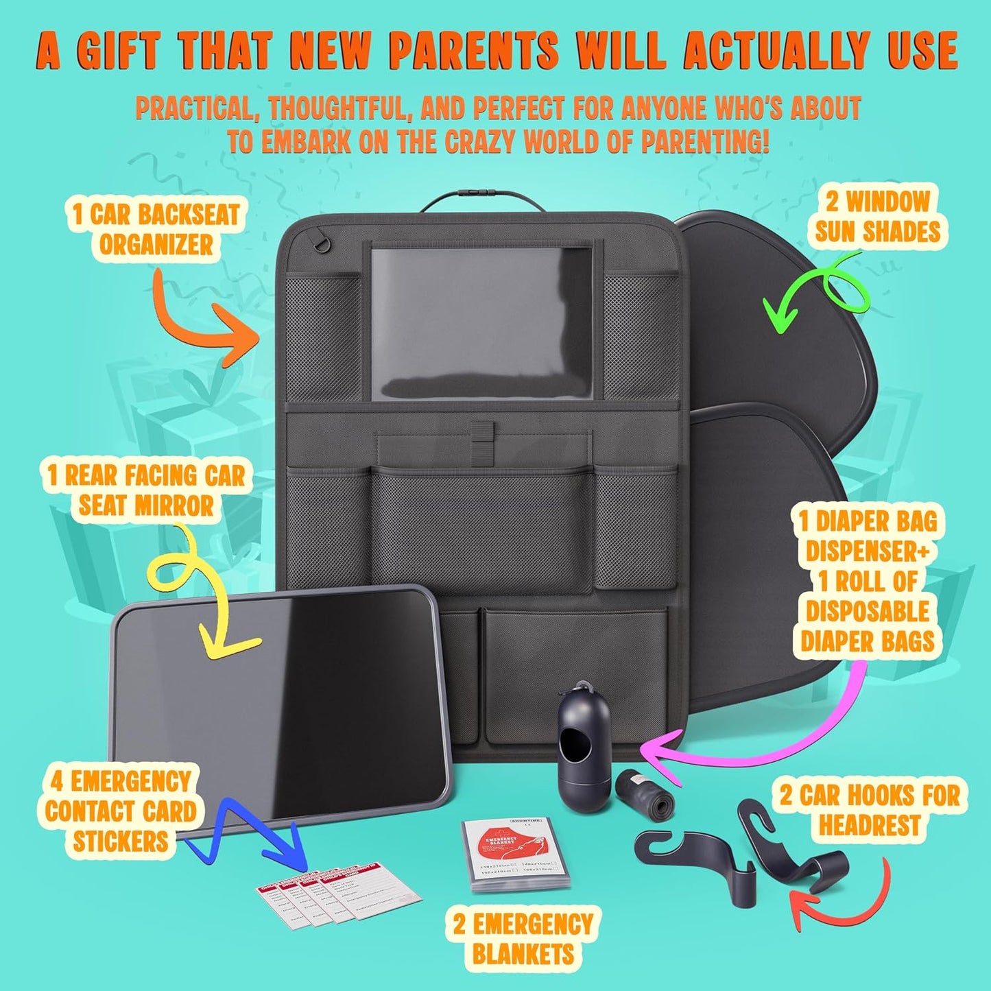 Baby Car Essentials Starter Kit for New Parents w/ 1 Backseat Organizer 2 Window Sun Shades 2 Headrest Hooks 1 Rear Facing CarSeat Mirror – Baby Car Stuff Must Haves & Newborn Essentials