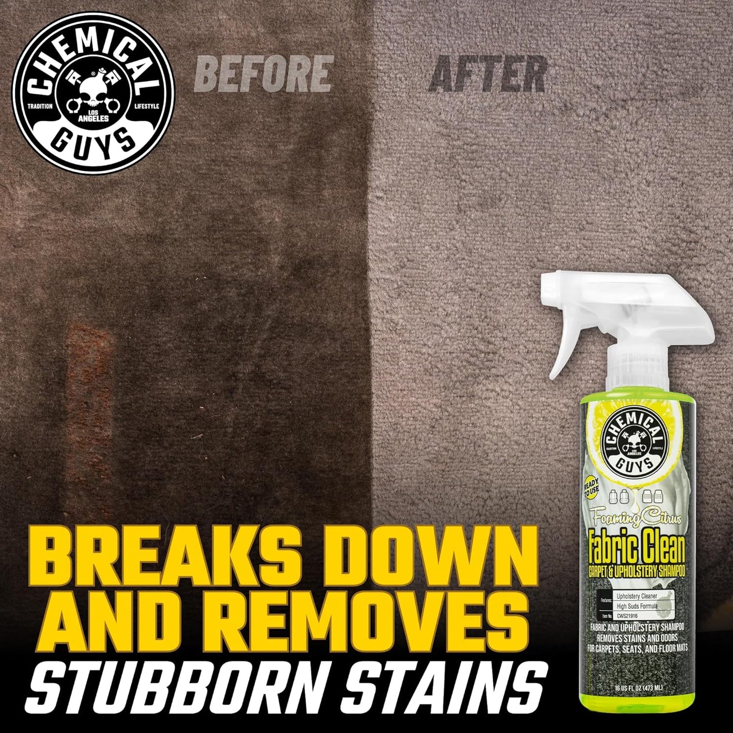 Chemical Guys Sprayable Citrus Fabric Clean Carpet & Upholstery Cleaner (Car Carpets, Seats & Floor Mats), 16 fl oz, Citrus Scent + Induro 7 Heavy Duty Nifty Interior Brush - HOL463