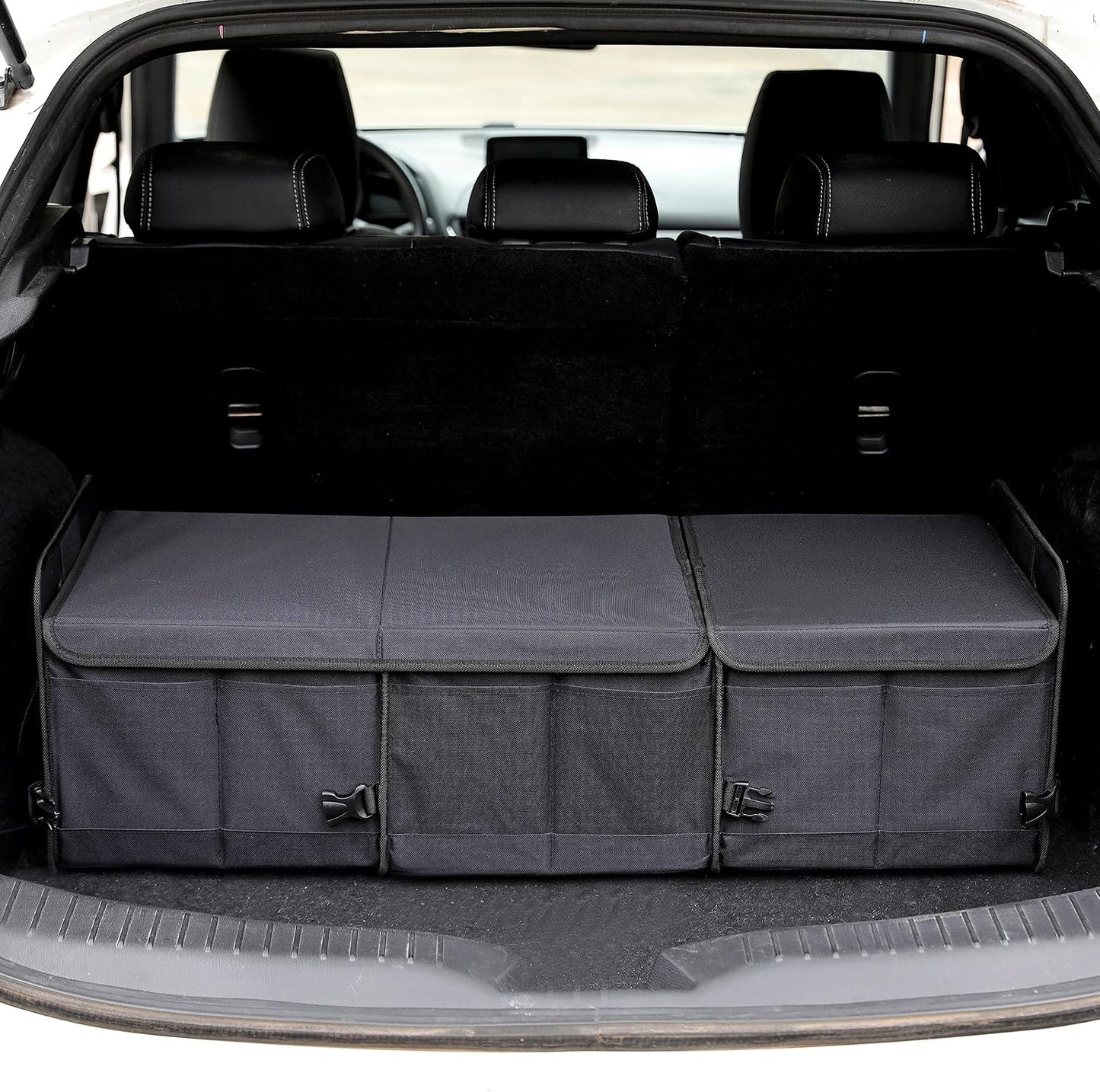 AOKJOY Car Trunk Organizer with Lid Storage Collapsible Multi Compartment Adjustable Straps for SUV, Truck, Sedan(Black) XL