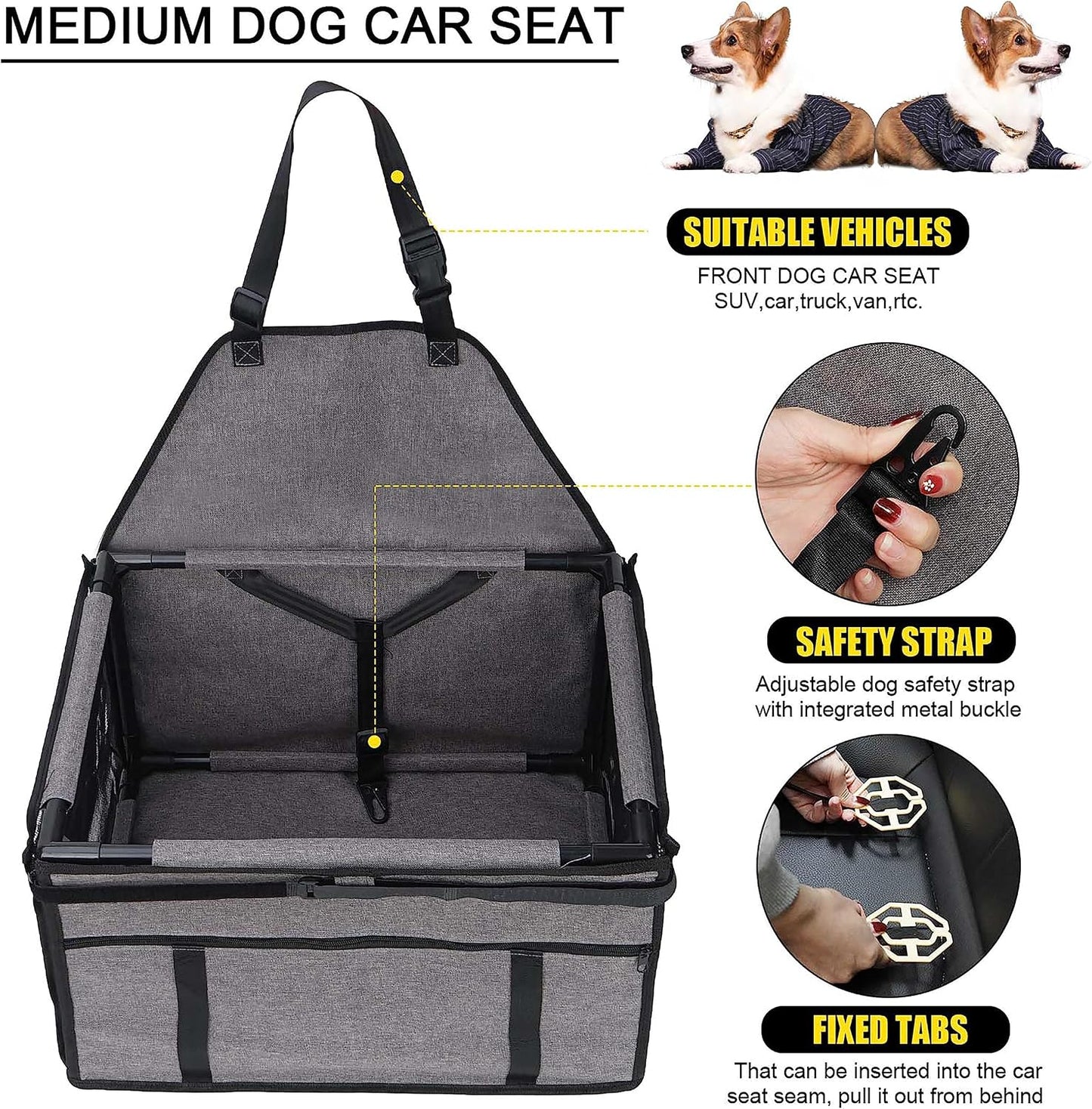 GENORTH Dog Car Seats for Small and Medium Dogs,Portable Puppy/Pet Car Booster Seat with Clip-On Leash and Mesh Window for Pet Up to 20 lbs