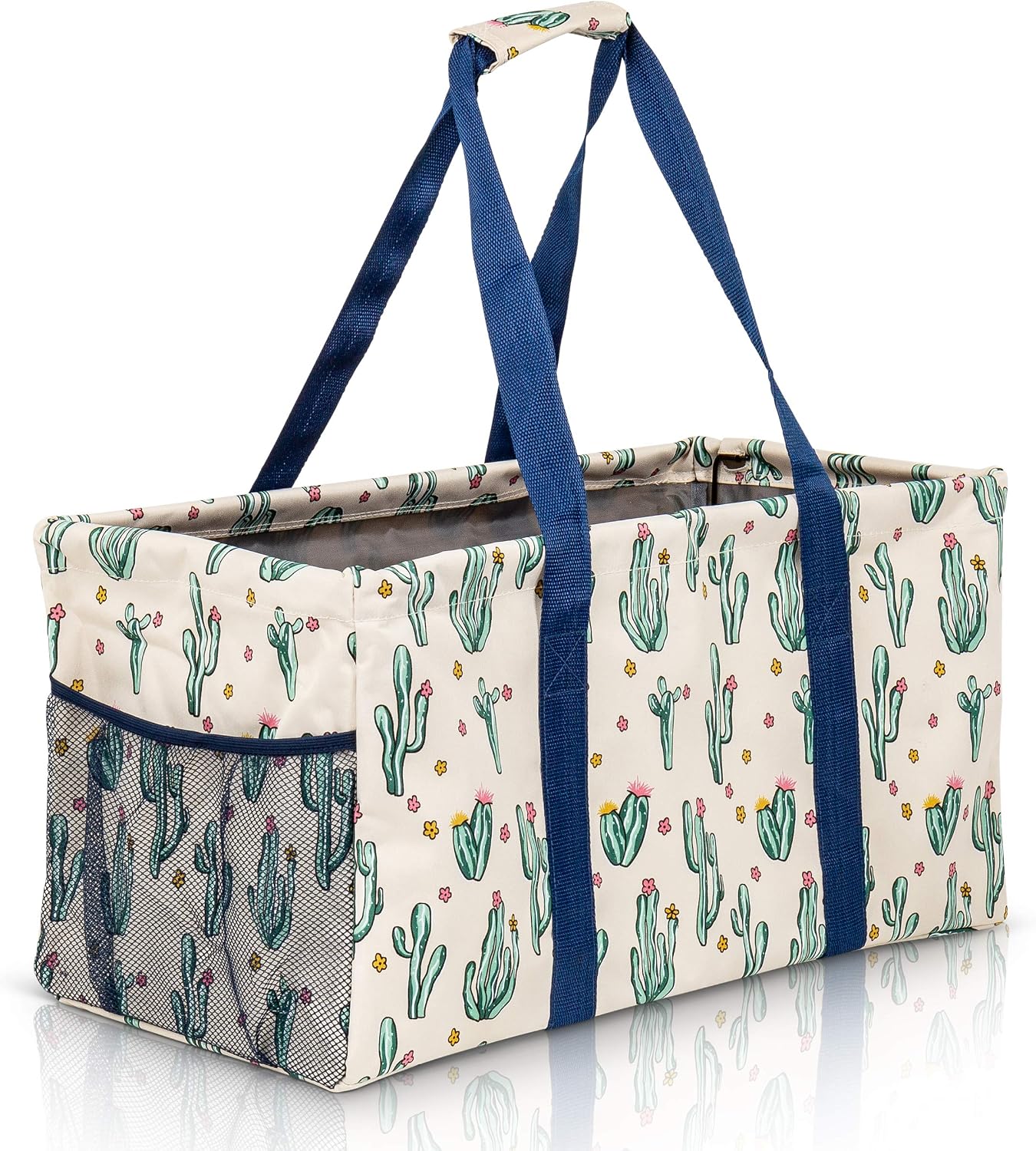 Extra Large Utility Tote Bag, Oversized Collapsible Reusable Wire Frame Rectangular Canvas Basket With Two Exterior Pockets For Beach, Pool, Laundry, Car Trunk, Storage - Cactus White