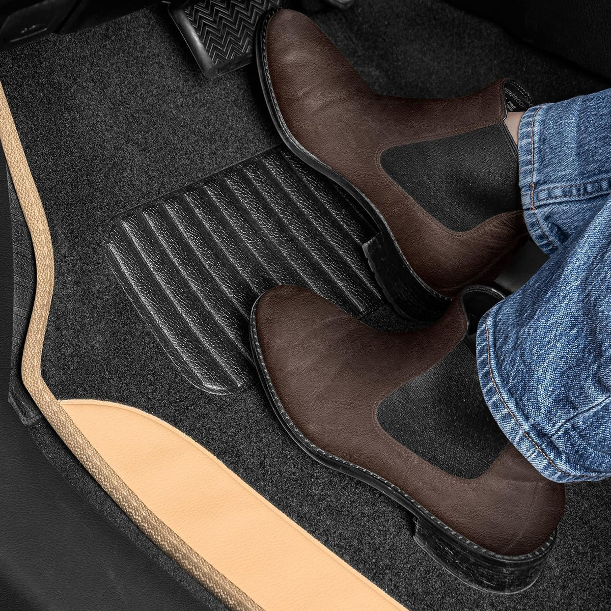 BDK Carpet Floor Mats for Cars, Two-Tone Carpet Car Mat with Faux Leather Accents, Automotive Floor Mat Sets with Built-in Heel Pad, Stylish Interior Car Accessories Beige