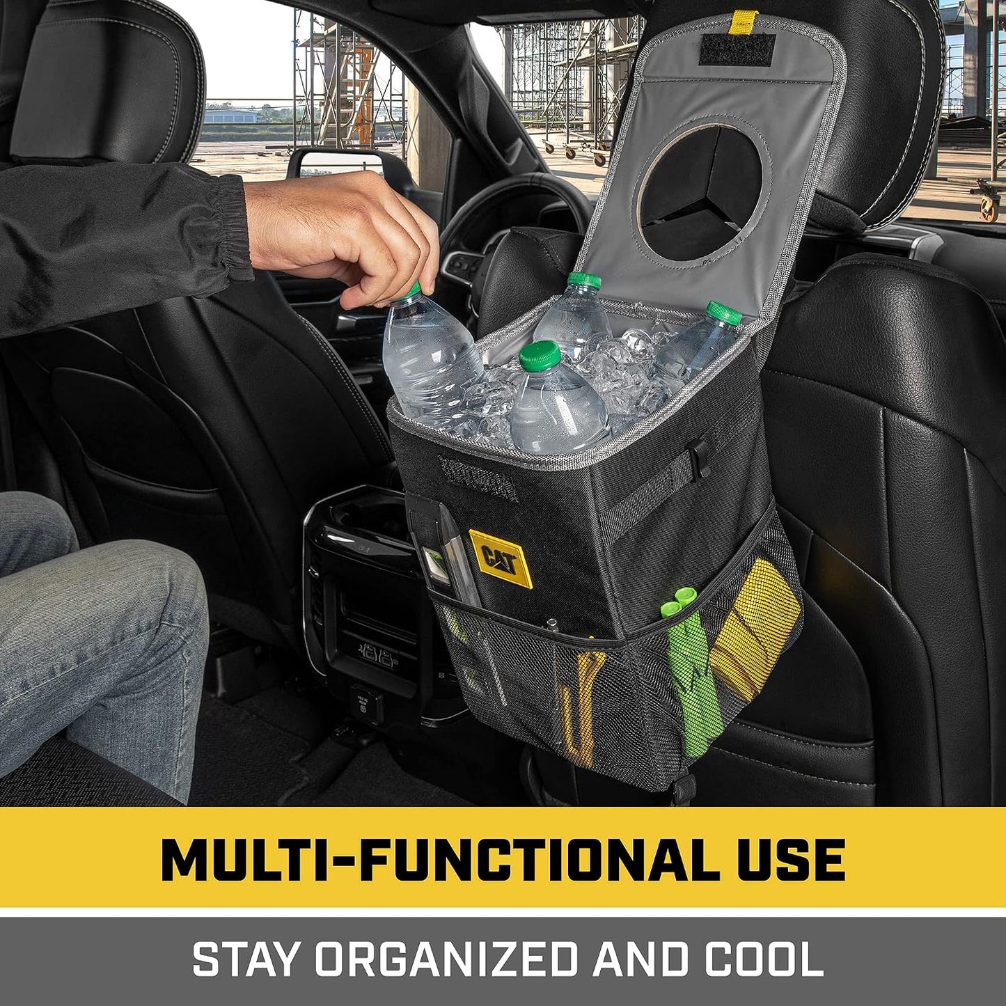 CAT® 3-Piece Car Organizer Bundle – Collapsible Trunk Organizer, Portable Seat Caddy with Adjustable Straps & 2.4 Gallon Leak-Proof Trash Can Cooler for Cars, Trucks, and SUVs Black