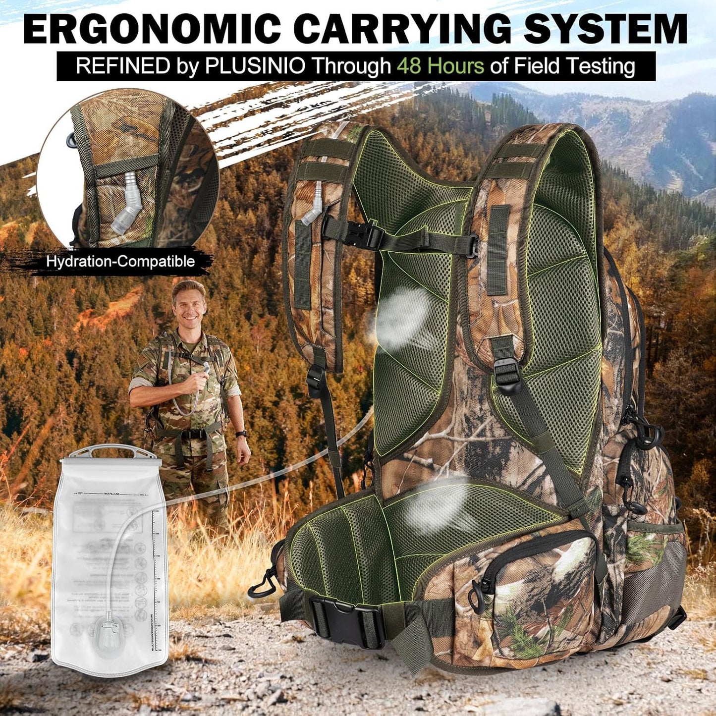 PLUSINNO Hunting Backpack for Hunting Essentials, 45L Waterproof Hunting Gear with Rain Cover, & Padded Scabbard Carry System For Deer Hunt Accessories, Hunt Gift For Men