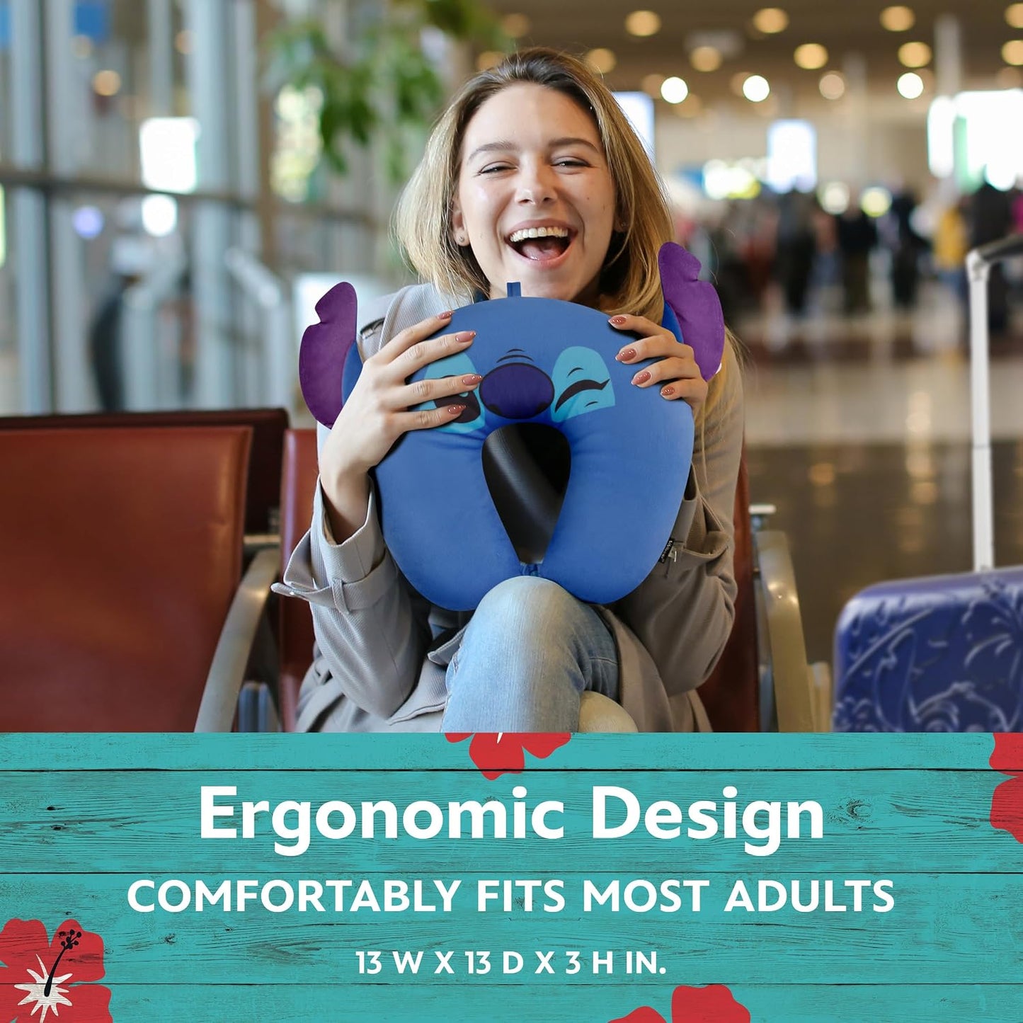 Disney Stitch Neck Pillow, Adult Travel Accessories with 3D Ears for Airplane, Car and Office Comfortable and Breathable, Blue