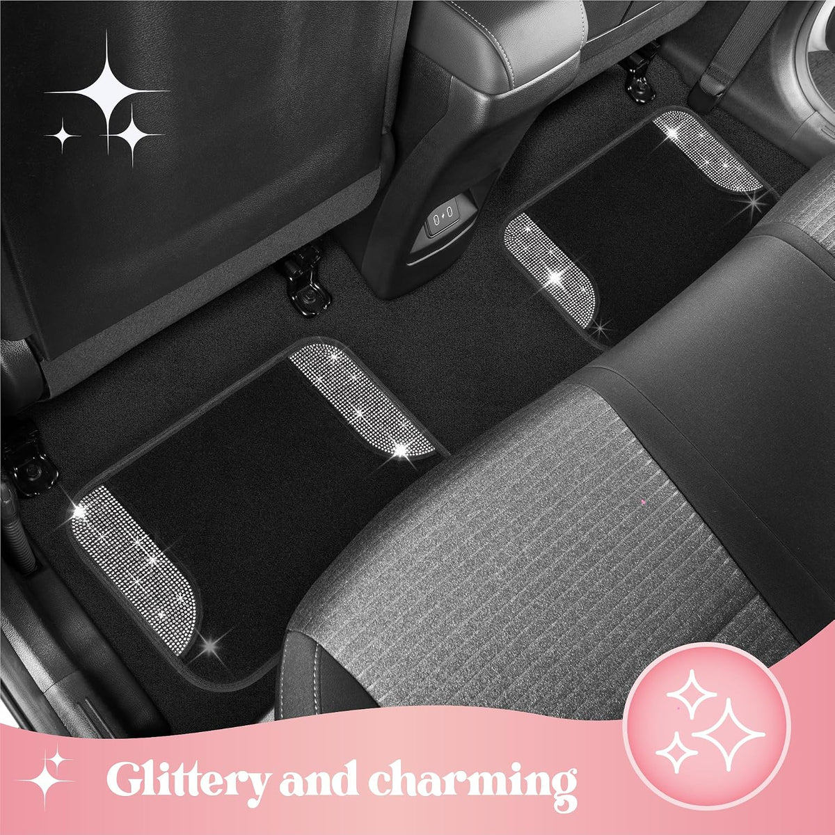 Carbella Diamond Bling Car Mats 4-Piece Set, Shiny Rhinestone Crystal Carpet Car Floor Mats, Two-Tone Floor Mats for Cars, Cute Automotive Interior Car Accessories for Women (White)