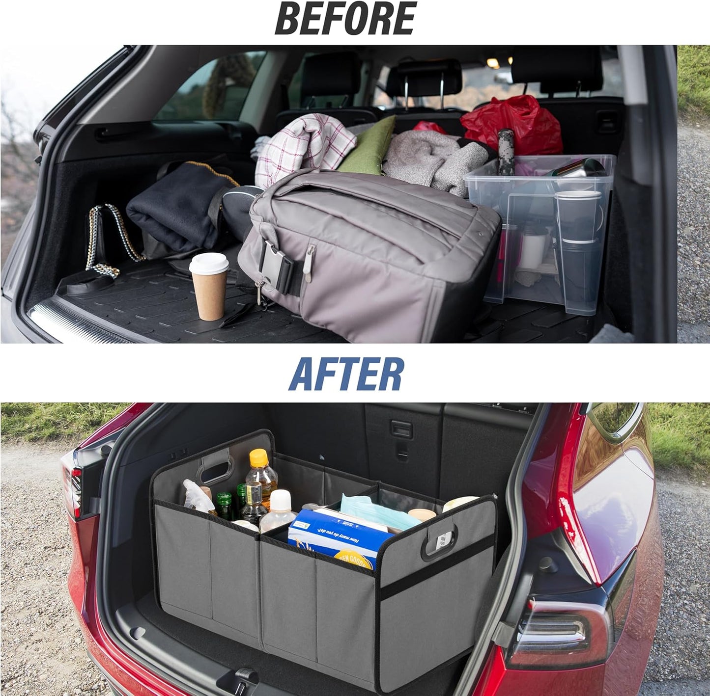 Simple Deluxe Car Trunk Organizer for SUV, Collapsible 2 Compartment 50L Automotive Storage Box with 5 Pocket, 600D Waterproof Oxford Polyester & Non Slip Bottom, Reinforced Handle, Grey, 2 Pack