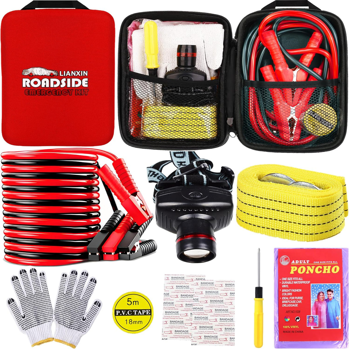 LIANXIN Emergency Car Kit with Jumper Cables Headlamp Car Safety Kits Pale