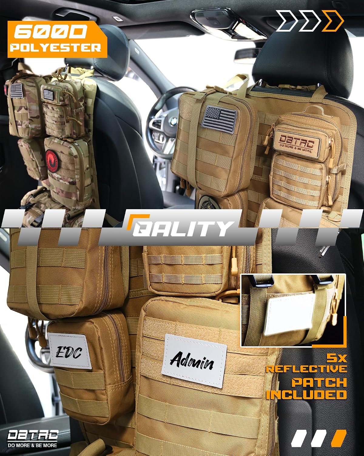 DBTAC Tactical Molle Car Seat Organizer | Vehicle Back Panel with 5X Detachable Pouches, US Flag & Writable Reflective Patch for Cars, Trucks, SUVs, Sedans