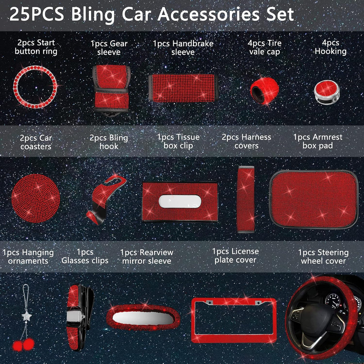 25PCS Bling Car Car Accessories Set,15 Inch Steering Wheel Cover,Shiny License Plate Frame,Center Console Cover and Rearview Mirror Set and Other Car Accessories(Red)