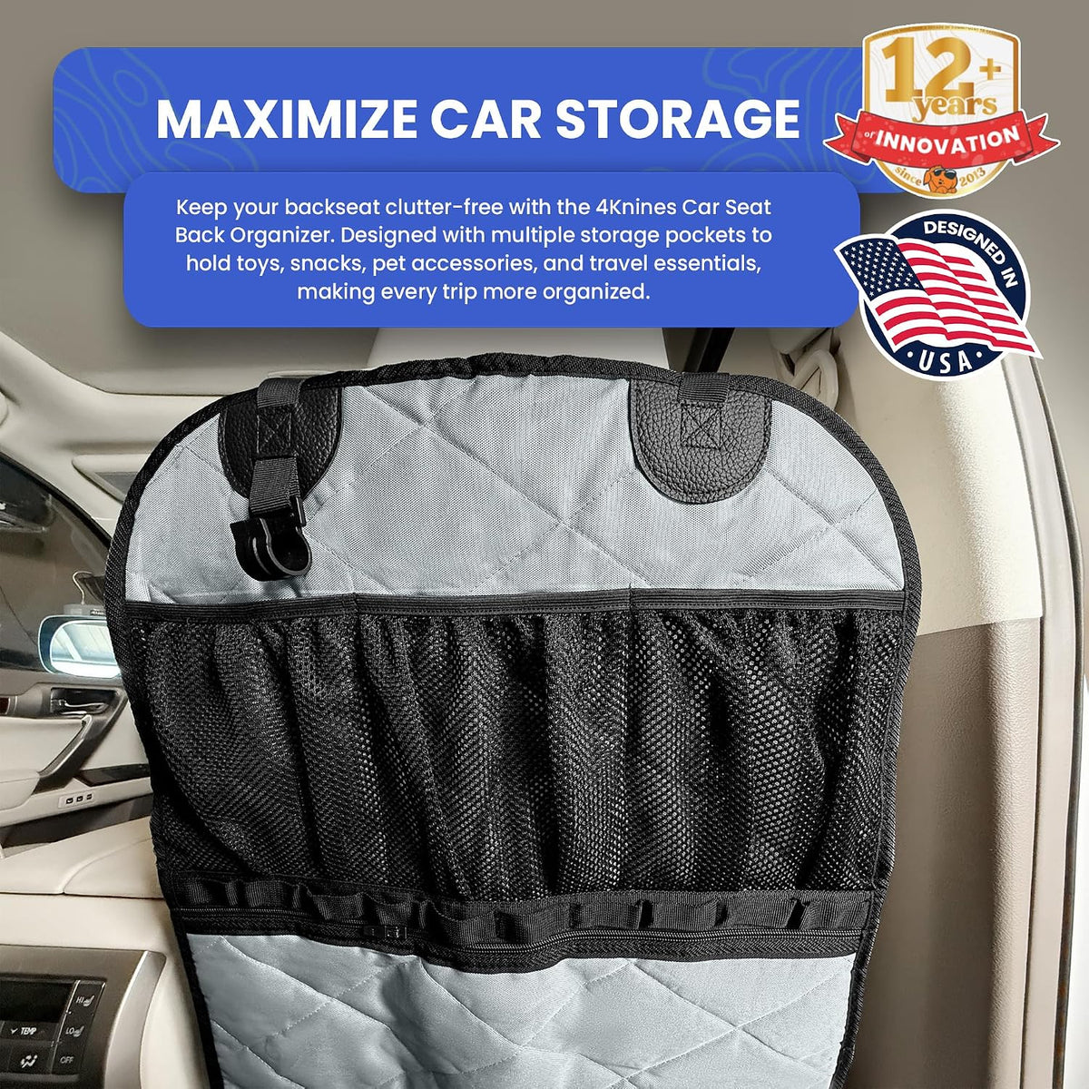 4Knines Car Seat Back Organizer – Heavy-Duty Kick Mat, Mesh Pockets, Grey