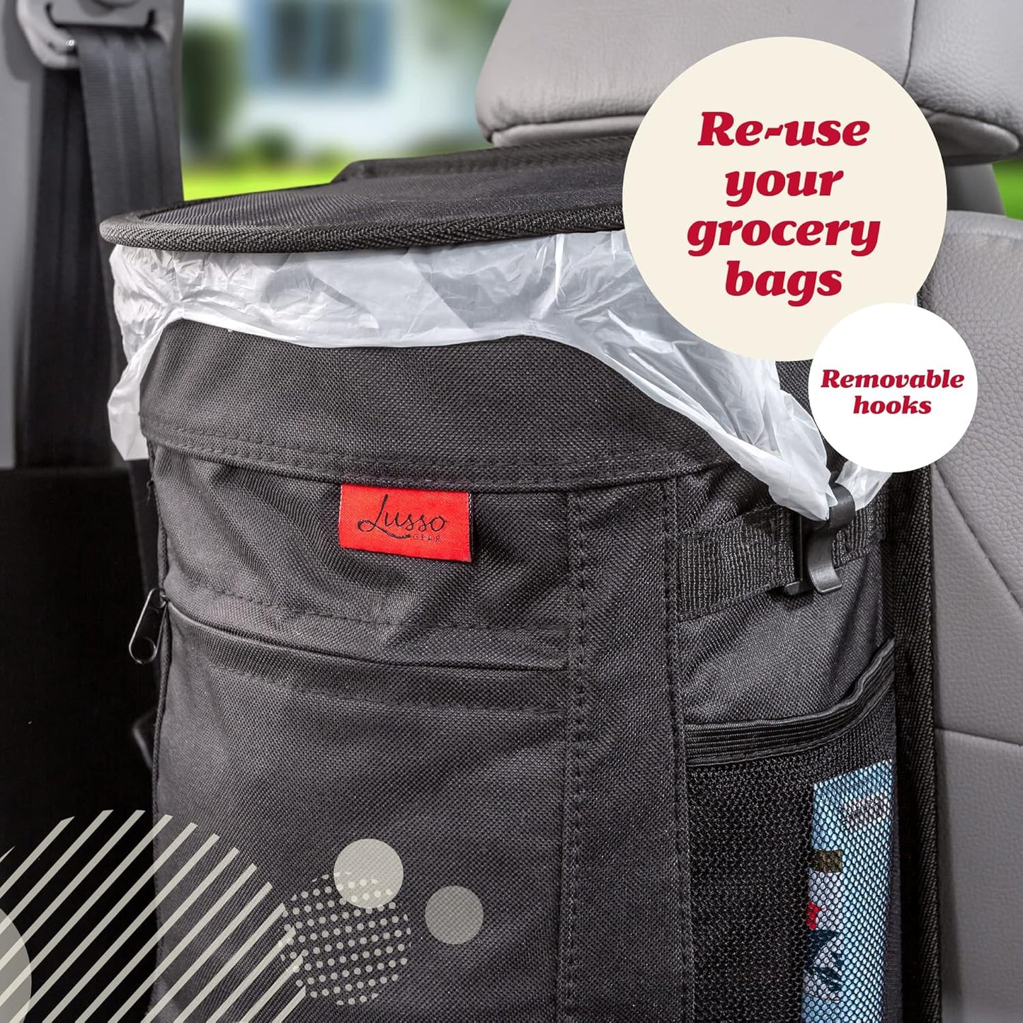 Lusso Gear Car Trash Can - 2.5-Gallon, Black, Round - Leak-Proof & Spill-Proof Lid & Waterproof Removable Liner - Hanging Car Trash Bin & Organizer for SUV, Truck & Minivan
