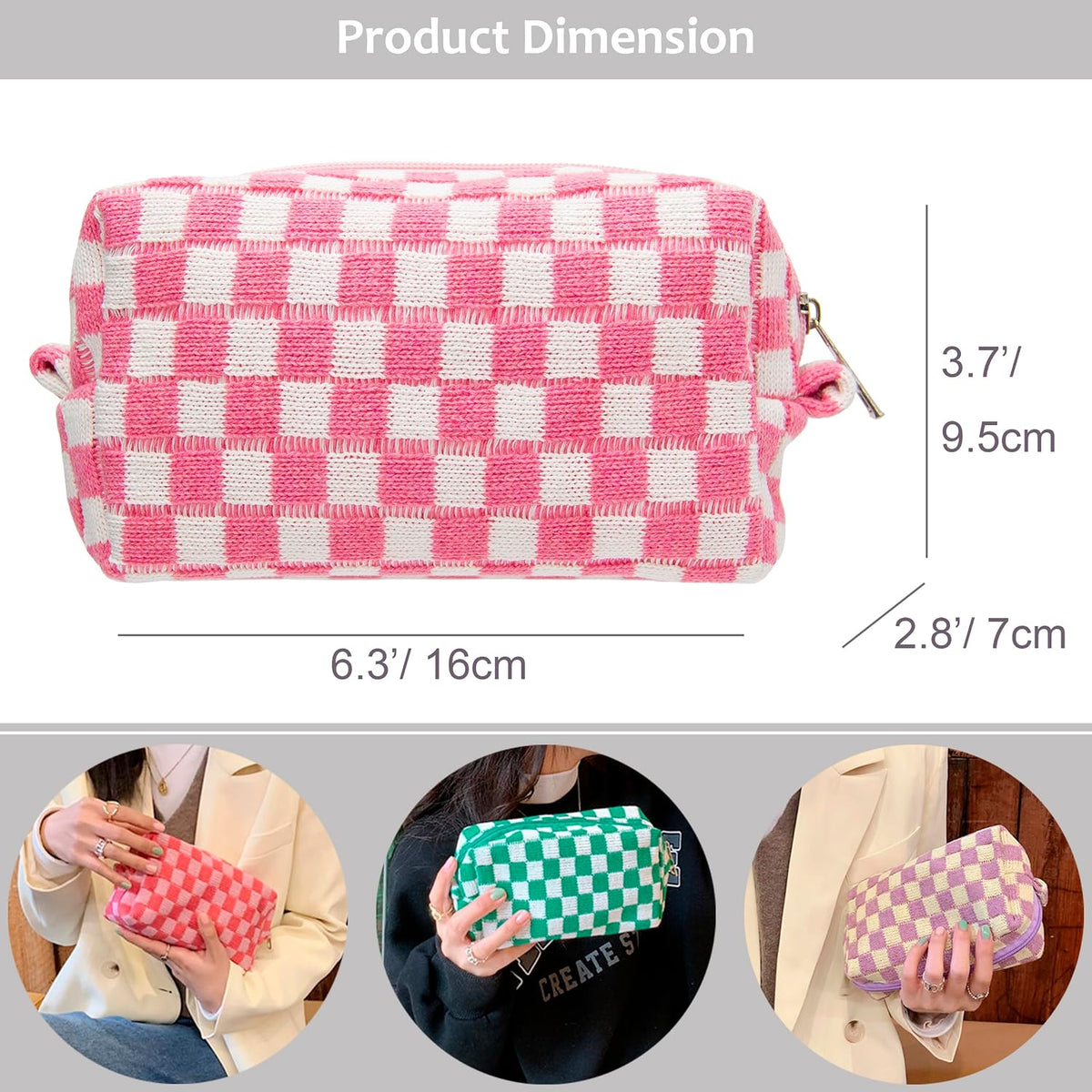 Checkered Makeup Bag for Purse, Small Travel Cosmetic Pouch,Pink,6 Pack