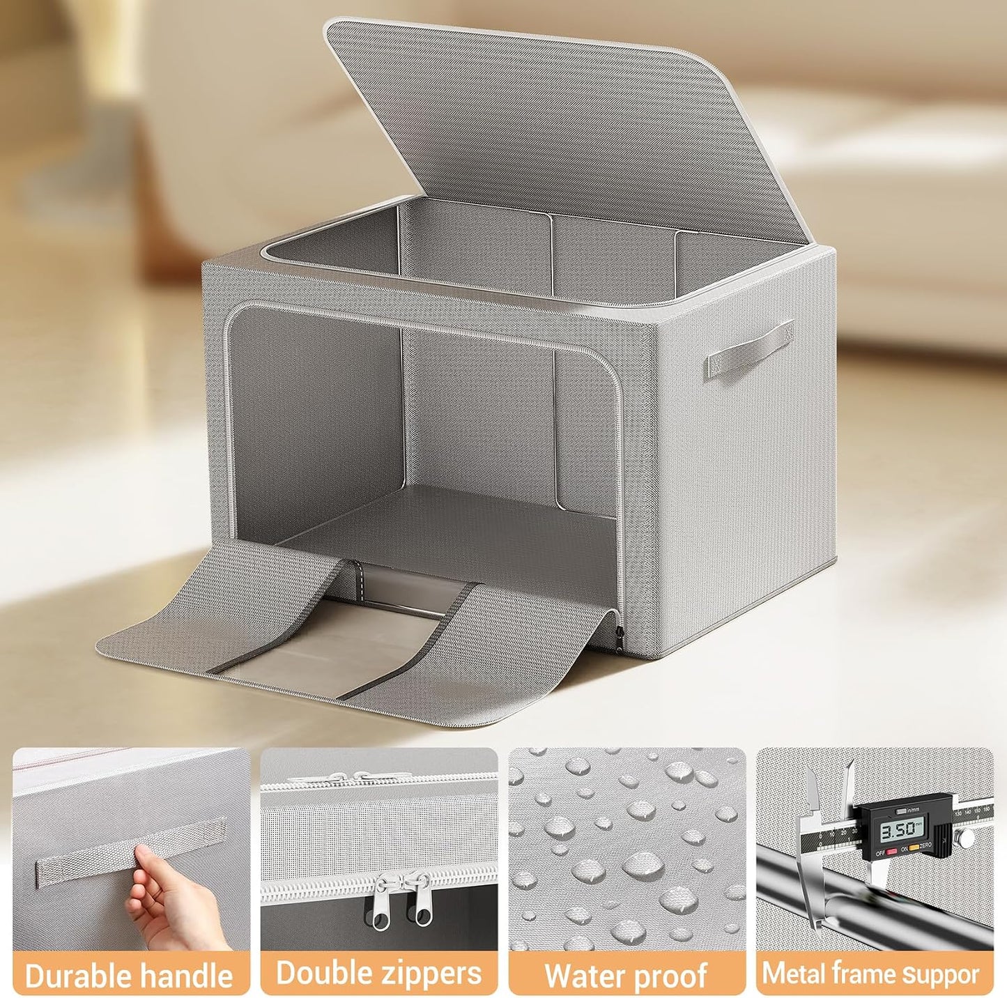 Clothes Storage Bins with Metal Frame Foldable Storage Box Clothes Organizers Storage Containers for Clothes Sheets Blankets Books Toys Gifts and Holiday Decorations (66Lx3 Pack)