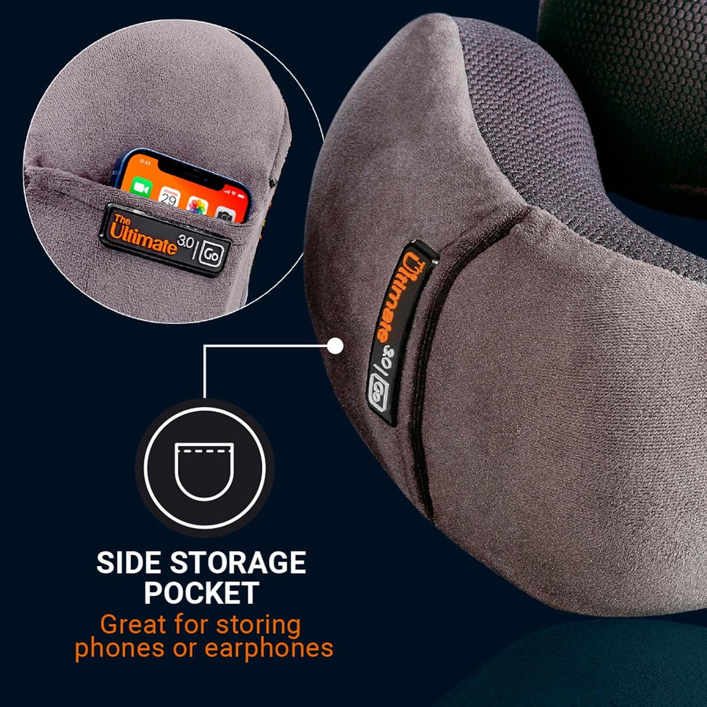 Go Travel Ultimate 3.0 Travel Pillow, Deluxe Memory Foam Neck Pillow with Magnetic Closure and Side Pocket, Ideal for Commute, Airplane, Car & Bus, Travel Essentials, Made in USA, Dark Gray