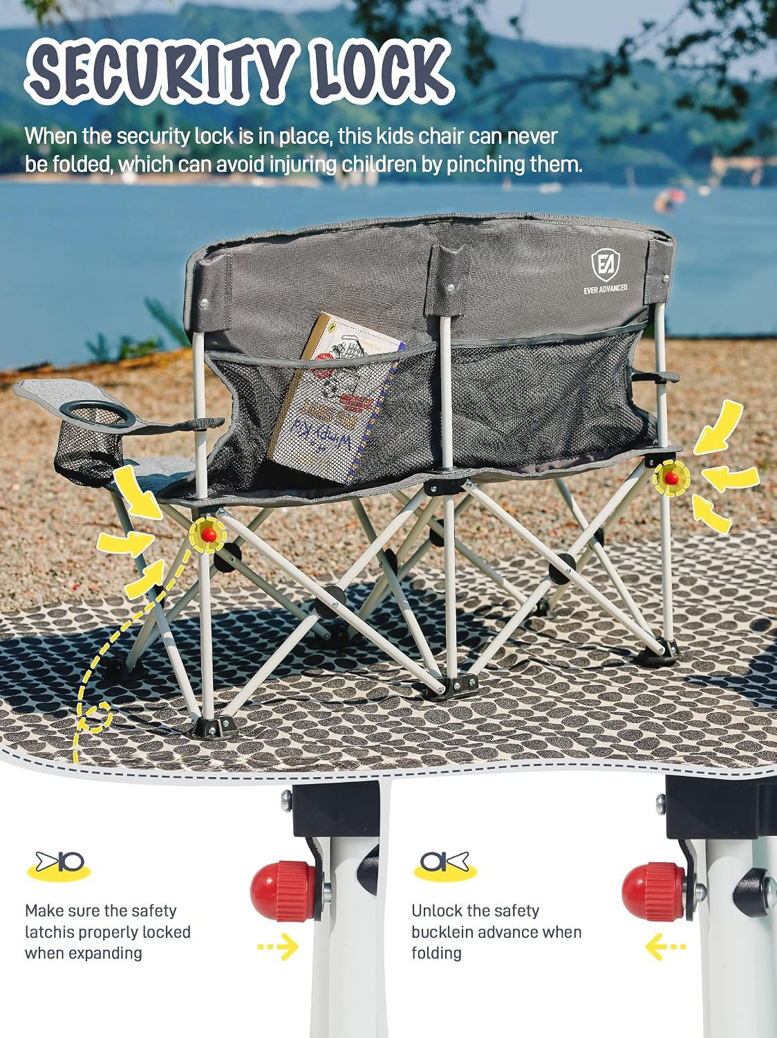 EVER ADVANCED Kids Double Camping Chair with Cupholders Safety Lock, Padded Kids Folding Chair Outdoor with Mesh Pocket, Lightweight Portable Two Person Loveseat for Beach, Supports 300lbs, Grey