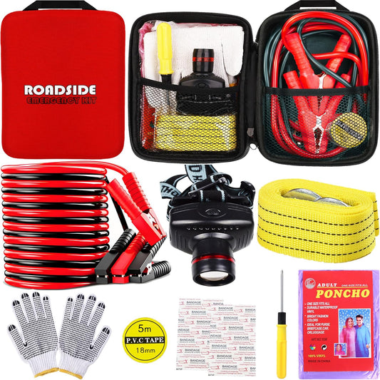 YILAIRIOU Car Roadside Emergency Kit, with Jumper Cables Automotive Kit,Car Safety Roadside Assistance Kit Headlamp,Tow Straps,Screwdrivers, Rainwear, Gloves.Red