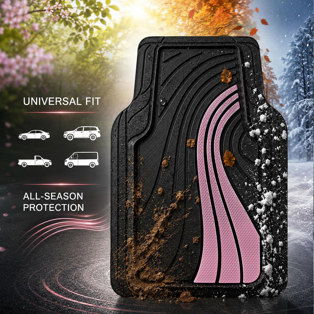 Road Comforts Car Floor Mats Full Set – Front & Rear Car Floor Mats with Aluminum Design, Anti-Slip Backing, All-Weather Protection, Trim-to-Fit Car Mats for Most Sedans, SUVs & Vans - Pink