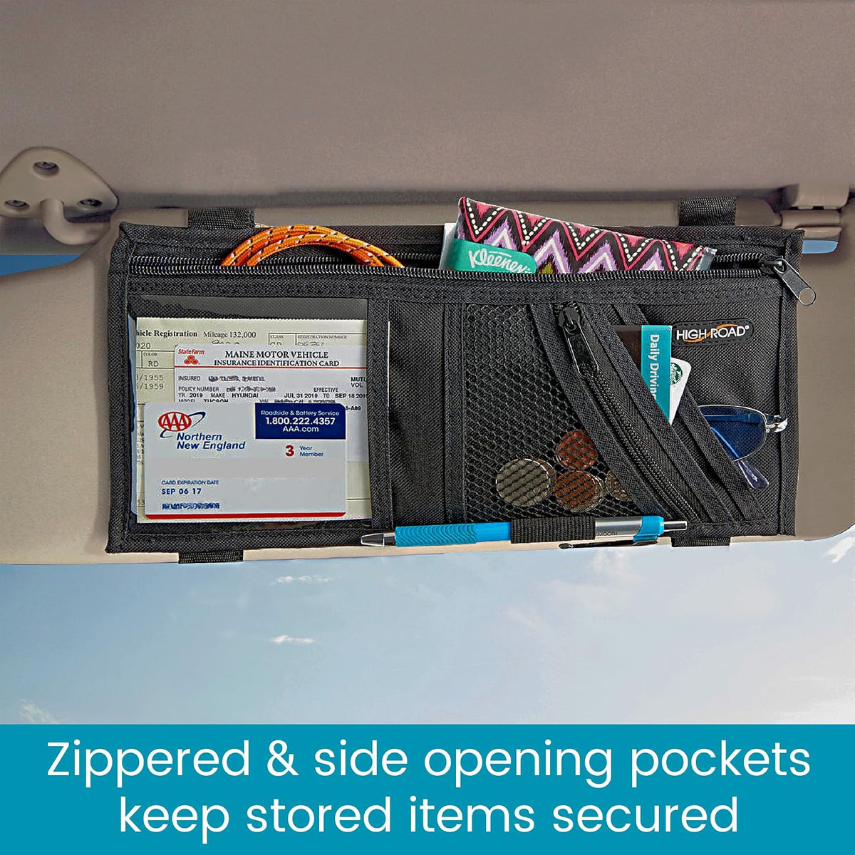 High Road Car Visor Organizer and Sun Visor Document Holder with Pockets