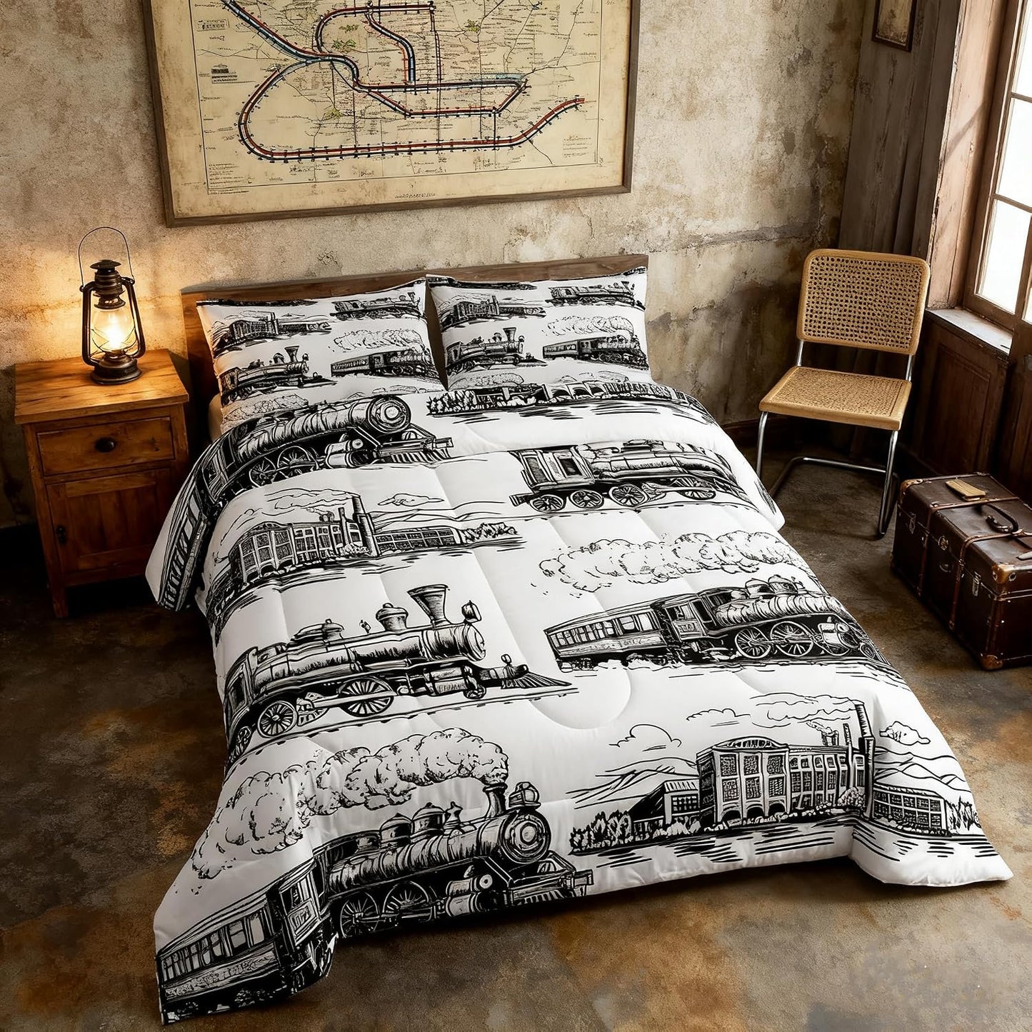 Manfei Train Comforter Set Queen Size, Retro Steam Locomotive Train Down Comforter with 2 Pillowcases, Vintage Train Bedding Set 3pcs for Kids Boys Adults Bedroom Decor Lightweight Duvet Insert