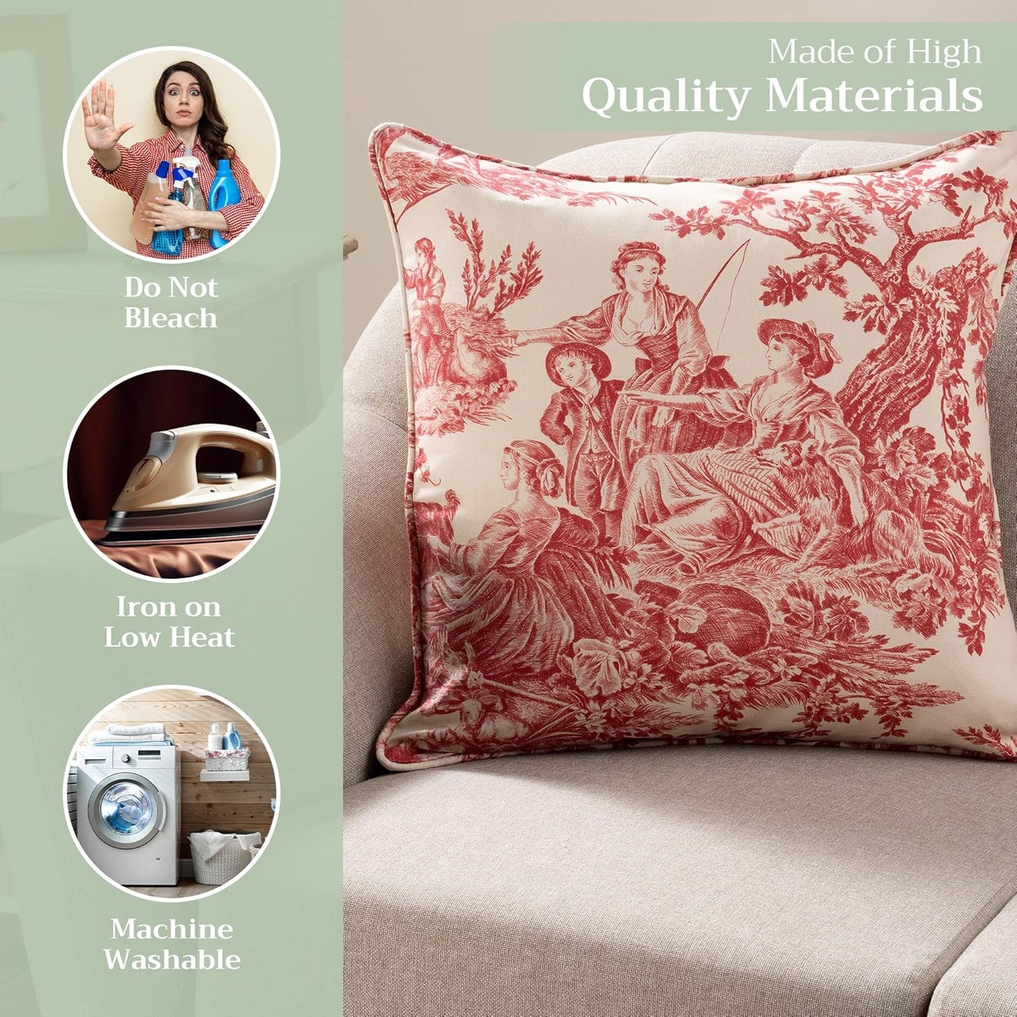 Maison d' Hermine Throw Pillow Covers 100% Cotton (20" x 20" - Pack of 1) | Square Toile Decorative Pillow Covers with Invisible Zipper for Living Room Couch Sofas - The Miller - Red