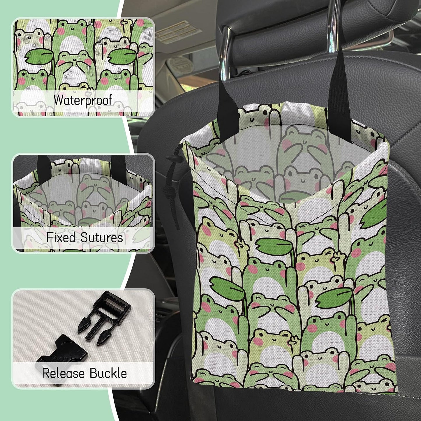Cute Frog Car Garbage Bag,Waterproof Small Car Trash Bag Hanging Back of Seat,Drawstring Hanging Car Trash Bag with Adjustable Buckle for Car Accessories