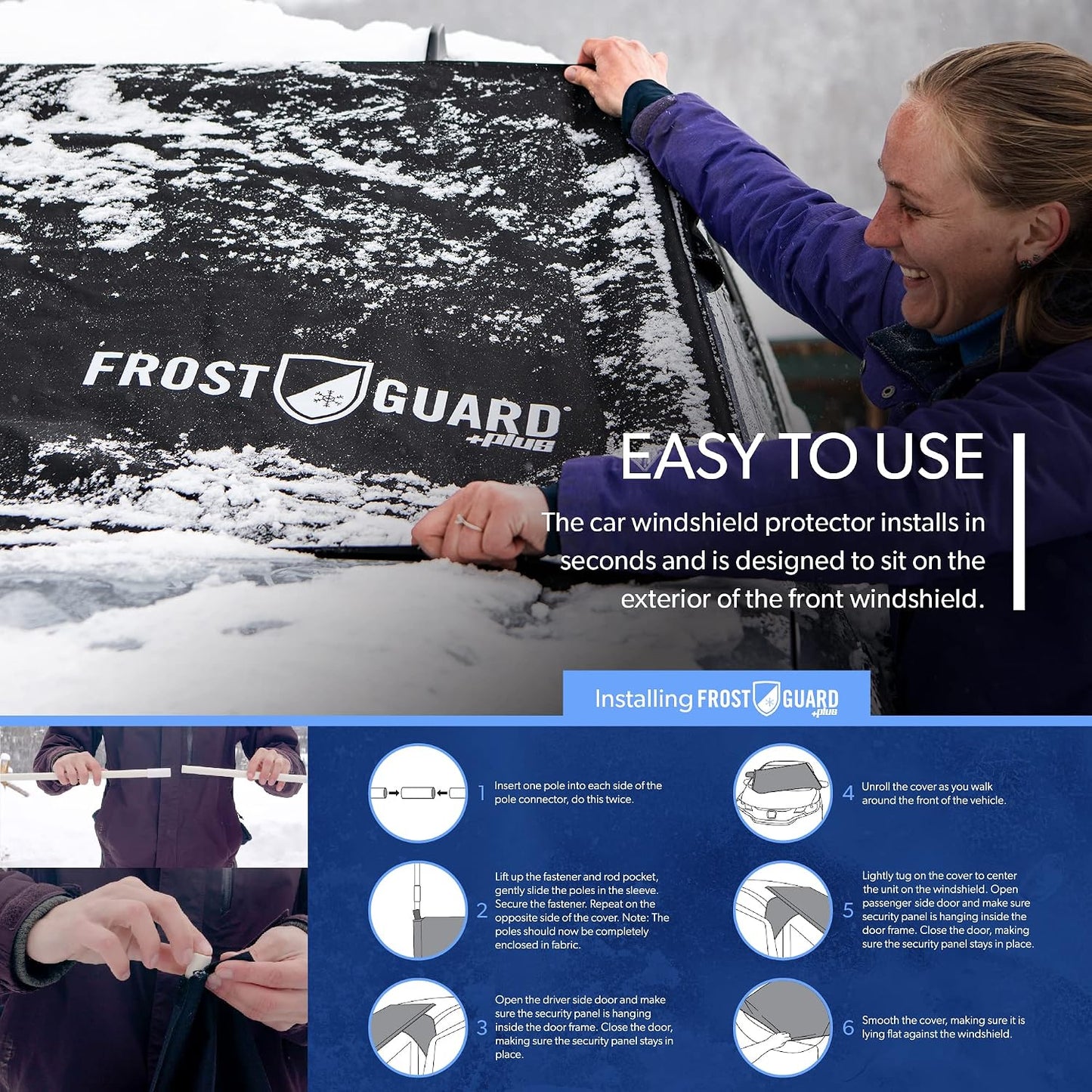 FrostGuard Plus | Winter Windshield Cover for Ice and Snow, XL Size (Black) - Built-in Security Panels, Wiper Blade Coverage + Mirror Covers - Fits XL Size Cars, Trucks and SUVs, 68 x 41 Inches