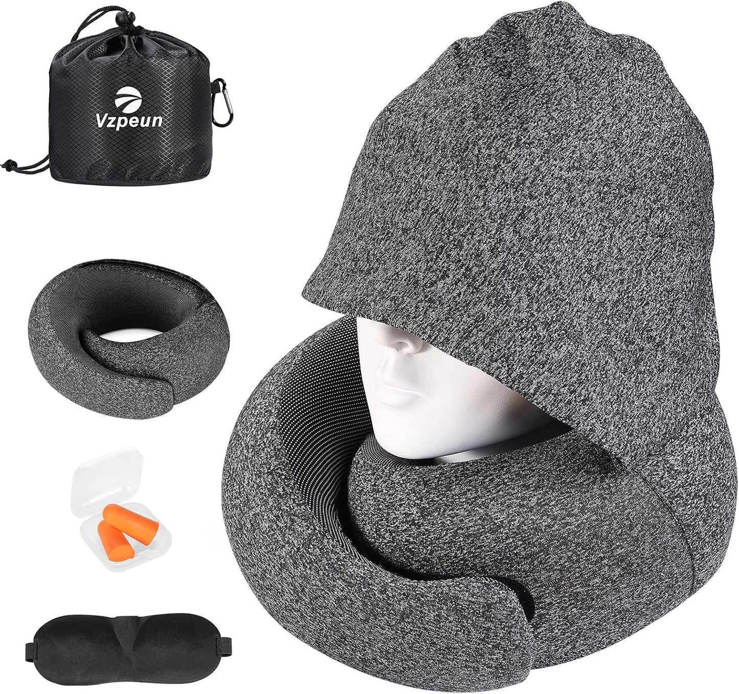 Travel Pillow - Hooded Neck Pillow Airplane Memory Foam Filling for Plane, Office, Cars Sleeping, Road Trip, Long Flights, Airplane Travel Essentials, Includes Eye Mask & Earplugs (Dark Gray)