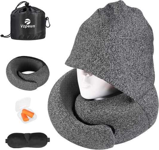 Travel Pillow - Hooded Neck Pillow Airplane Memory Foam Filling for Plane, Office, Cars Sleeping, Road Trip, Long Flights, Airplane Travel Essentials, Includes Eye Mask & Earplugs (Dark Gray)