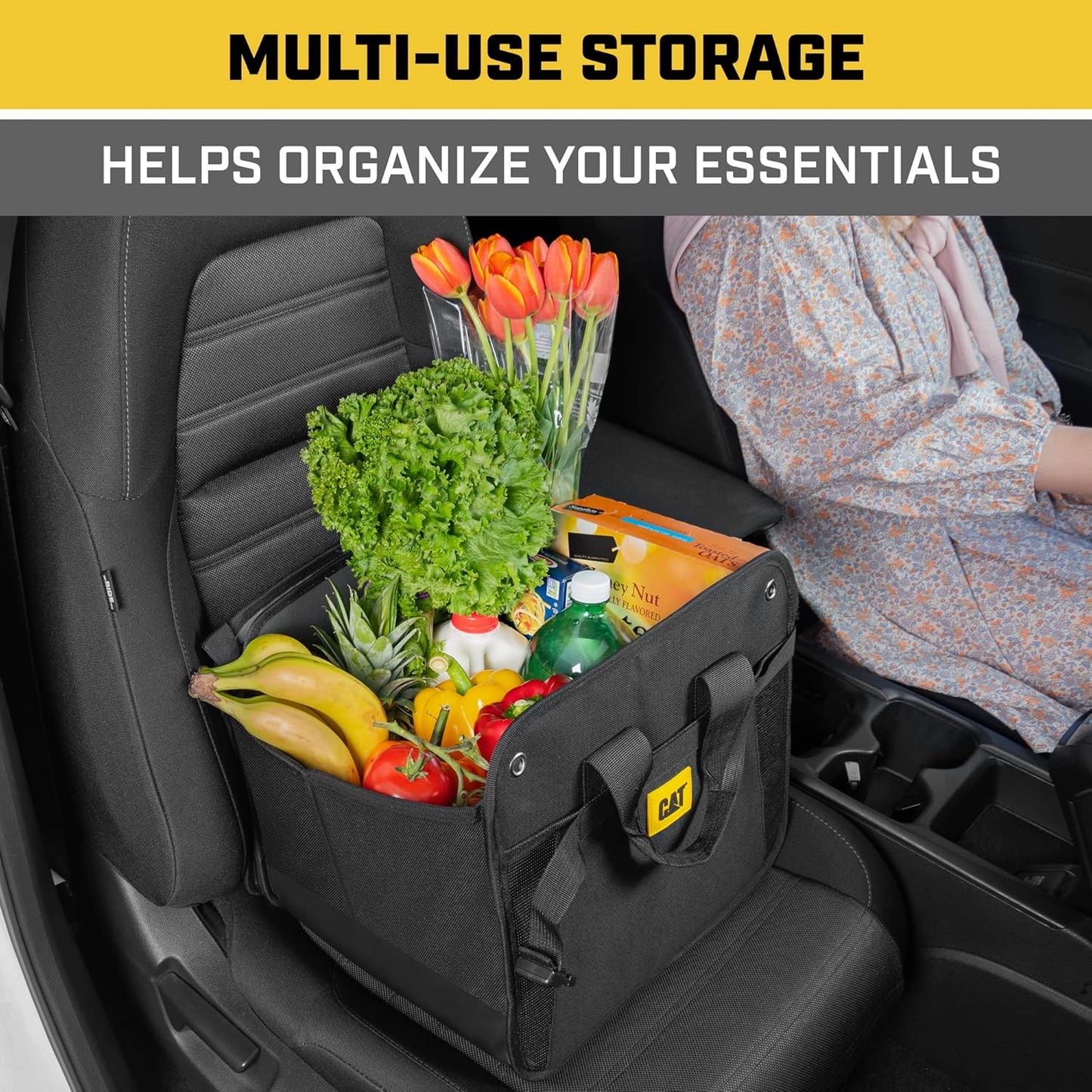 CAT® Car Trunk & Seat Organizer Bundle – Heavy Duty Collapsible Dual-Compartment Trunk Storage + Portable Seat Organizer Caddy, Adjustable Straps, Compact Travel Storage for Cars, Truck & SUV – Black