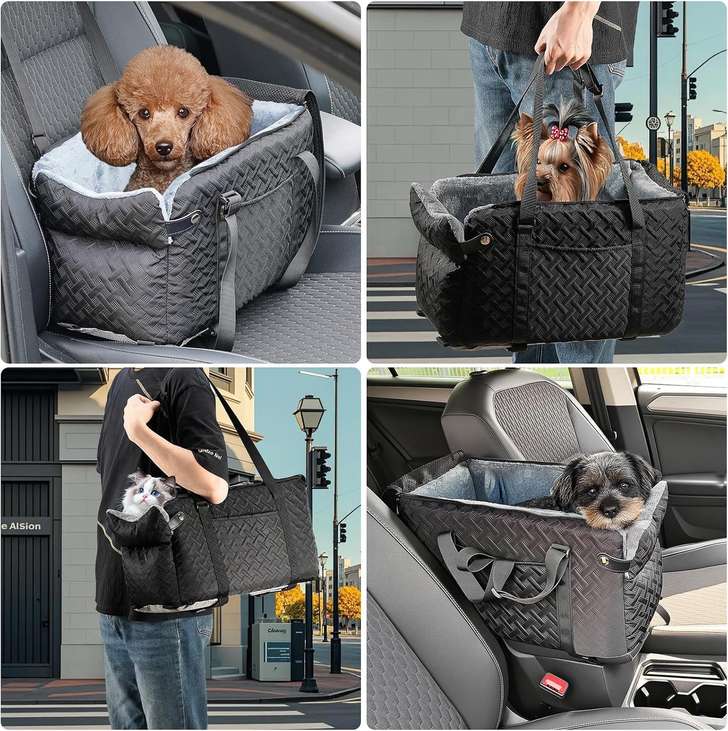 Center Console Dog Car Seat for Small Dogs Cats (Up to 15 lbs) - Washable, Foldable Pet Booster Seat with Safety Hooks, Adjustable Straps &amp; Storage Pocket