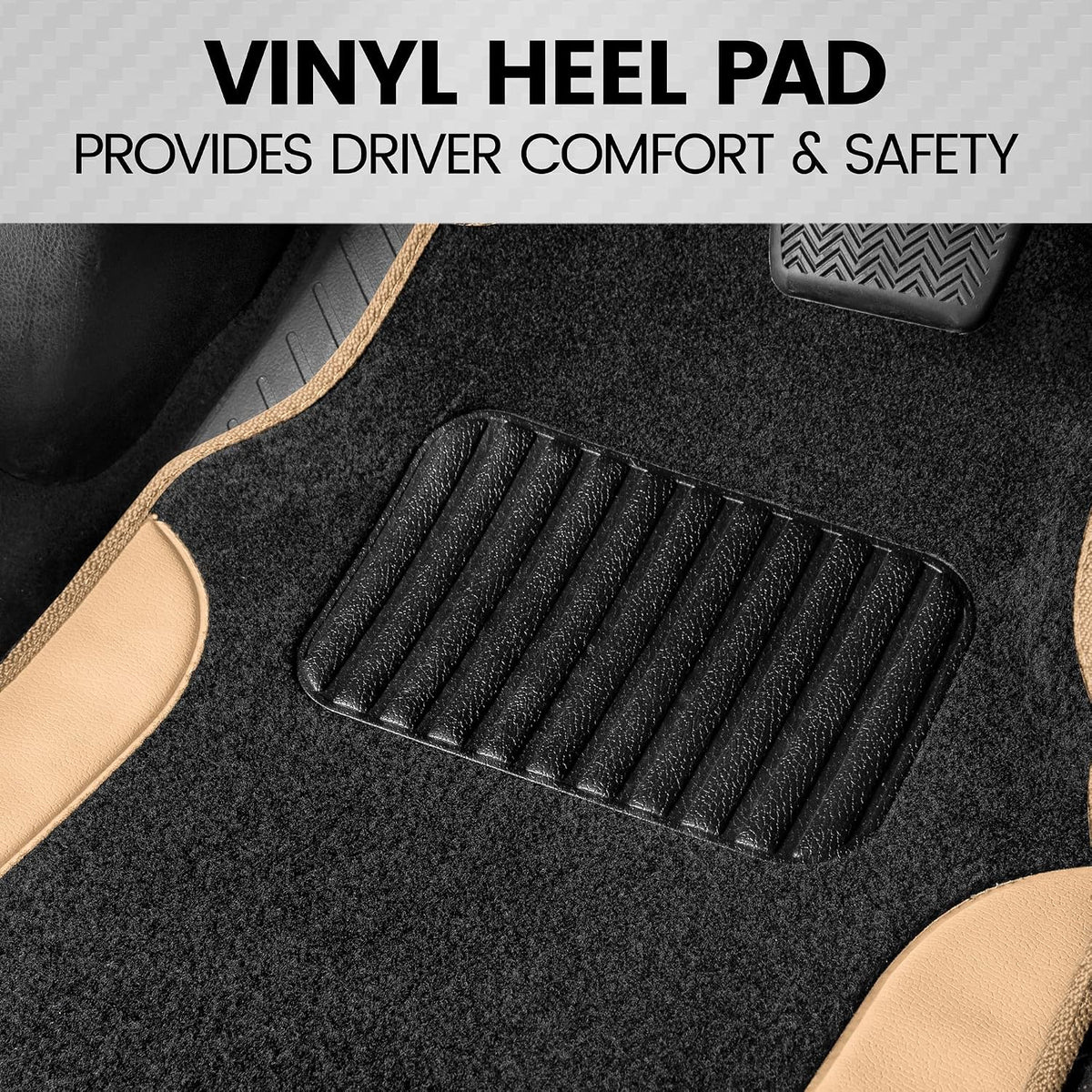 BDK Carpet Floor Mats for Cars, Two-Tone Carpet Car Mat with Faux Leather Accents, Automotive Floor Mat Sets with Built-in Heel Pad, Stylish Interior Car Accessories Beige