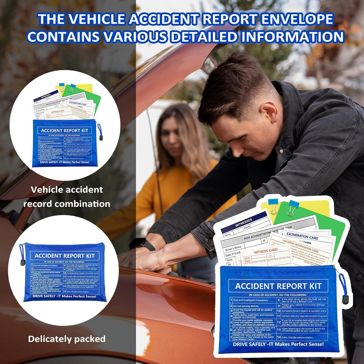 10 Pack Waterproof Vehicle Accident Report Kit Vinyl Pouch 6.9x9.3 inch Car Accident Kit Driver's Vehicle Inspection Report For Drivers Collect Organize and Report Vehicle Accident (10, Blue)