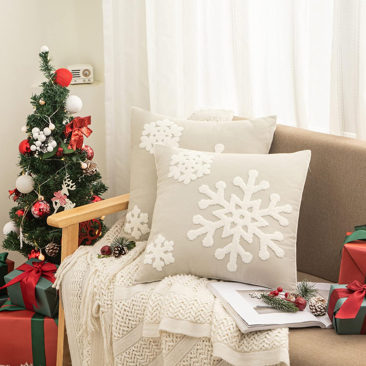 18x18,Cotton Christmas Blessing Throw Pillow Cover for Bed Sofa Cushion Car Snowflake Embroideried Pillowcases,1pair Grey