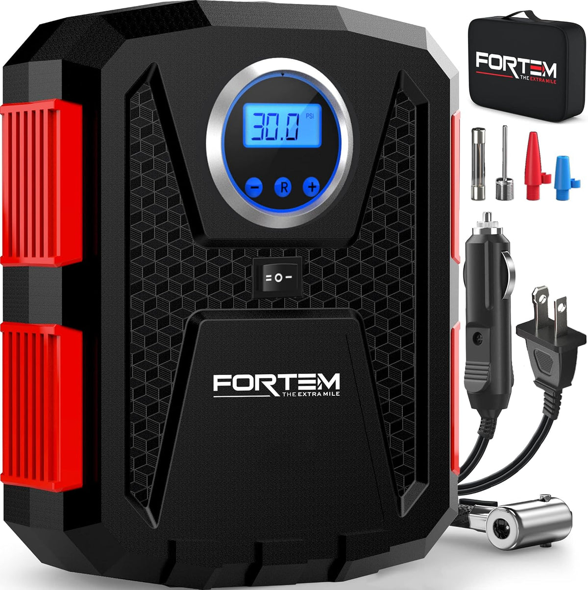 FORTEM Tire Inflator Portable Air Compressor, Air Pump for Car Tires and Bikes, Car Tire Pump w/Auto Shut Off, 150 PSI, 110V AC 12V DC, LED Light, Carrying Case, Perfect for Men, Women