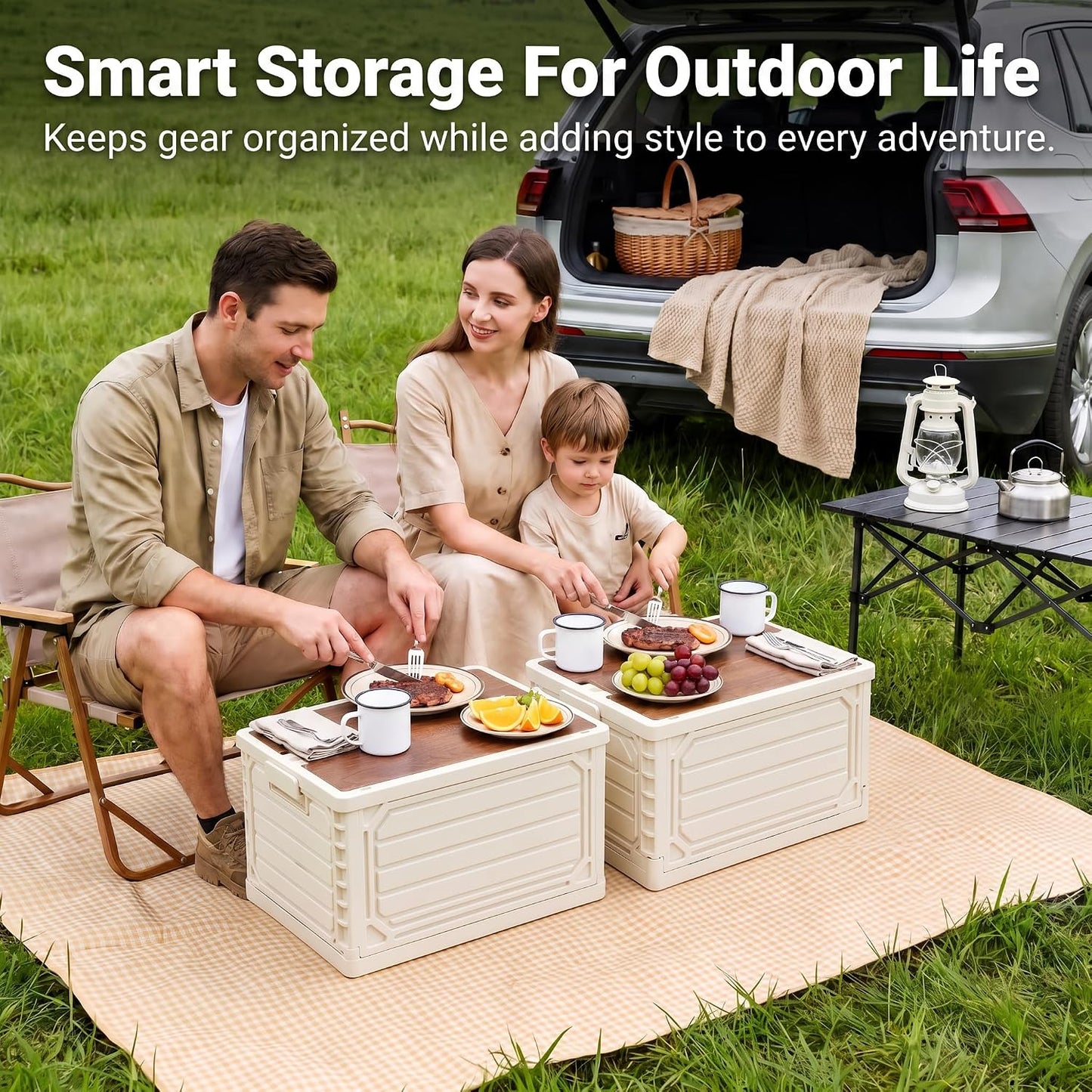 PureBox Foldable Storage Crate with Wooden Lid, Collapsible Plastic Storage Bin, Large Capacity Stackable Storage Furniture, Space Saving Organizer Box for Home, Closet, Garage, RV, Camping &amp; Office