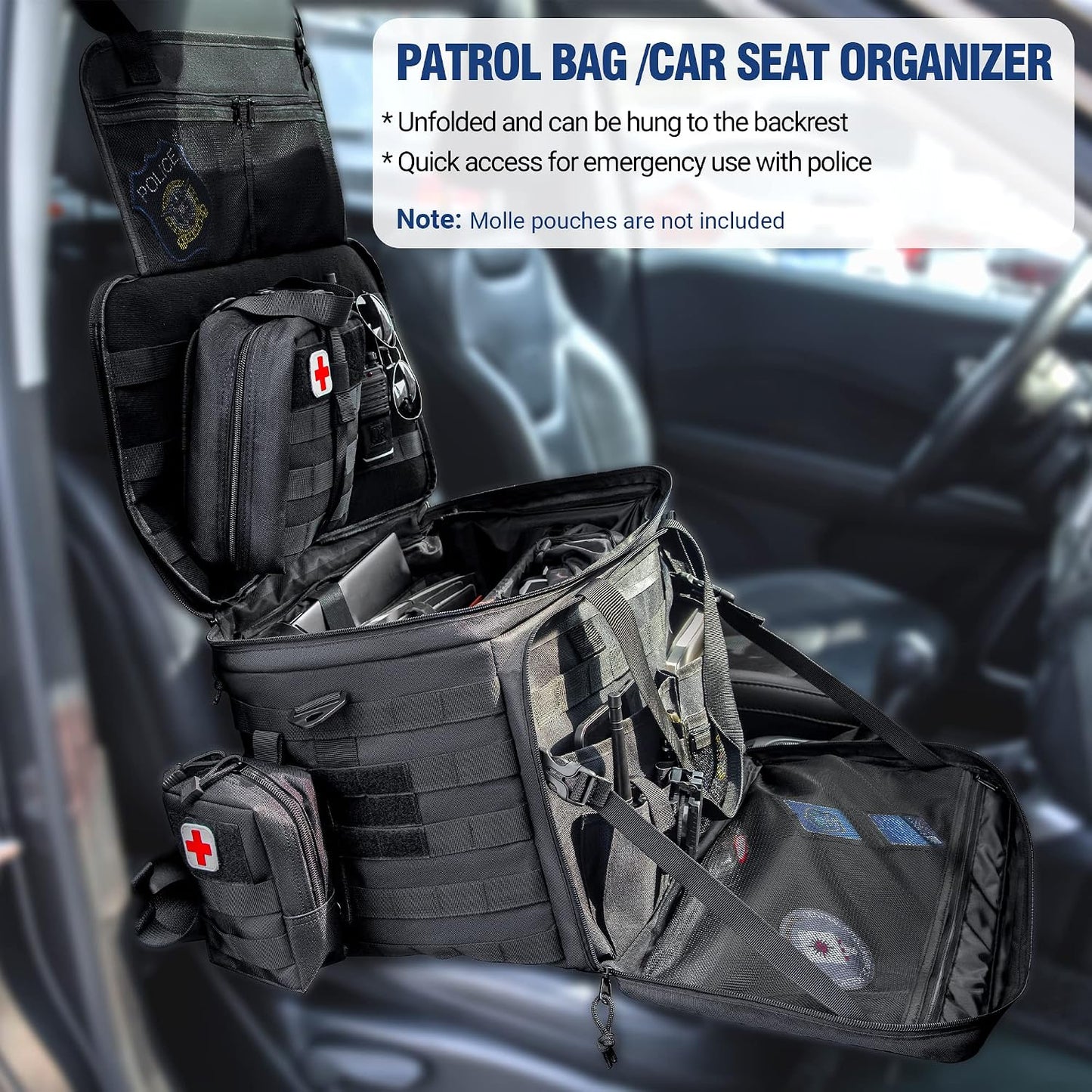 Golkcurx Patrol Bag for Law Enforcement Police Gear, Water-resistant, Black | Heavy Duty Police Duty Bag, Front Seat Organizer, Adjustable Modular Interior, MOLLE System, for Patrol Officers Security