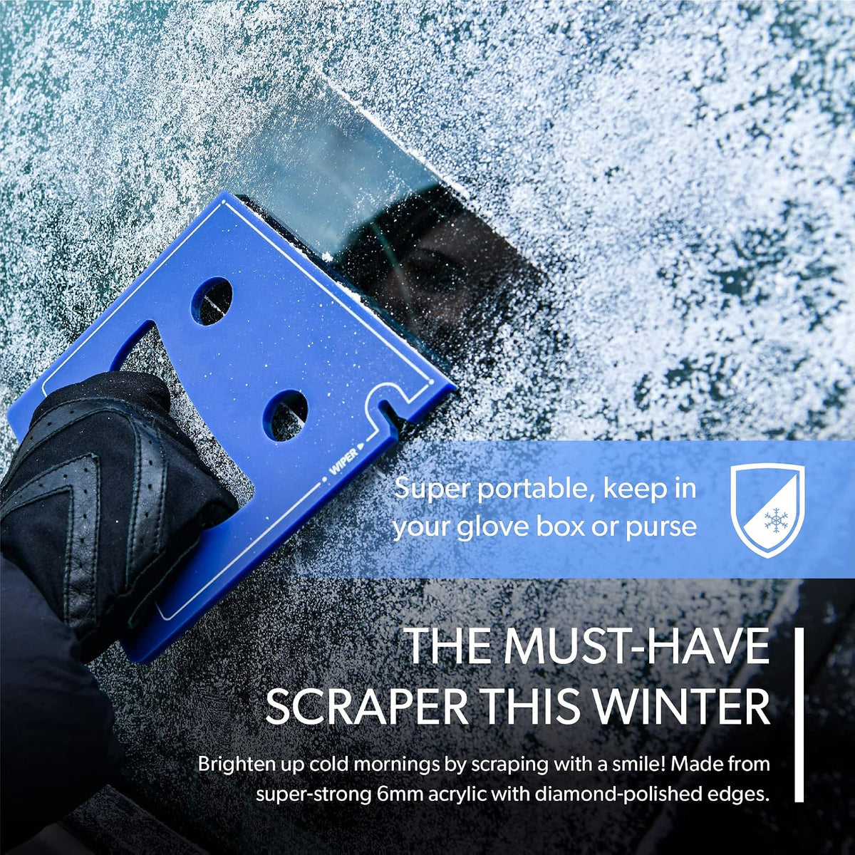 FrostGuard Scrape Buddy Car Ice Scraper Scrape with a Smile - Quickly Remove Frost, Ice and Snow from Your Vehicle Windows and Wiper Blades - Acrylic with Comfort Neoprene Sleeve - Blue Frost