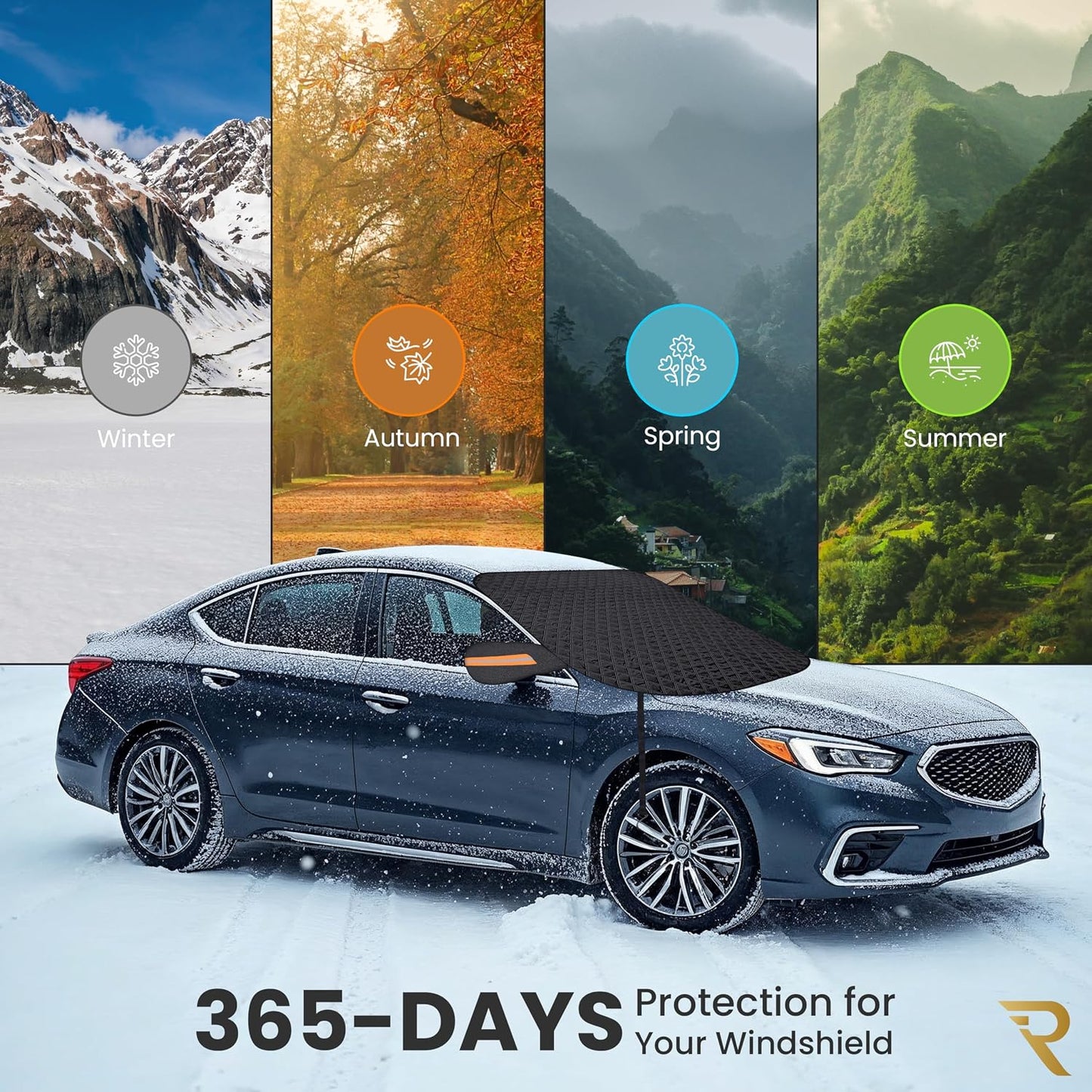 RevLux Windshield Snow Cover for Cars, SUVs & Trucks – Magnetic 5-Layer Waterproof Frost Shield | Ice Snow Protector | Winter Car Windshield Cover with Mirror Covers (61.8" x 49.6")