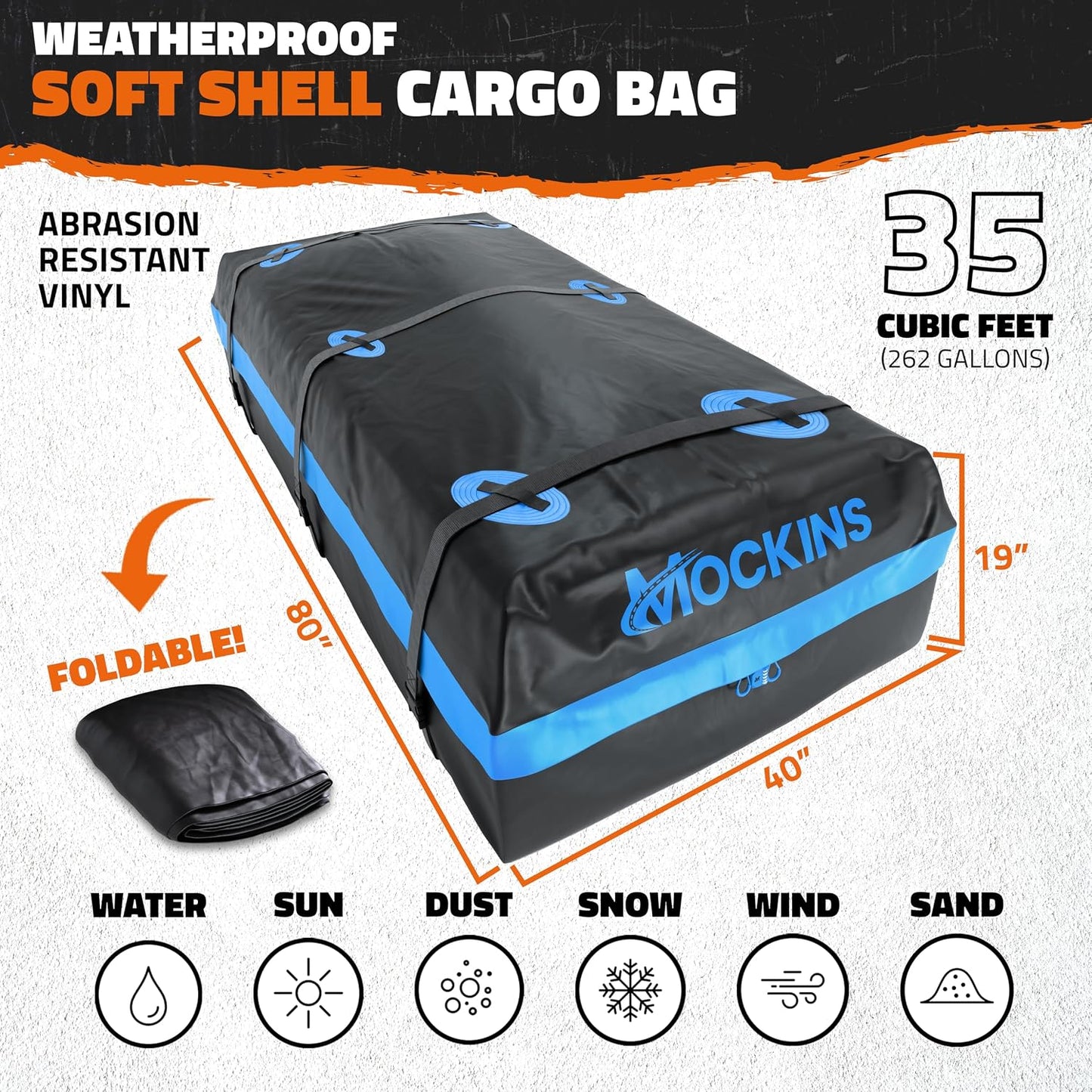 Mockins 35 Cu Ft XL All-Weather Car Rooftop Cargo Carrier Bag 80"x40"x19" | Vehicle Soft-Shell Carriers for Vehicles With or Without Roof Racks | Secure Luggage Bag for Car Roof Storage & Accessories