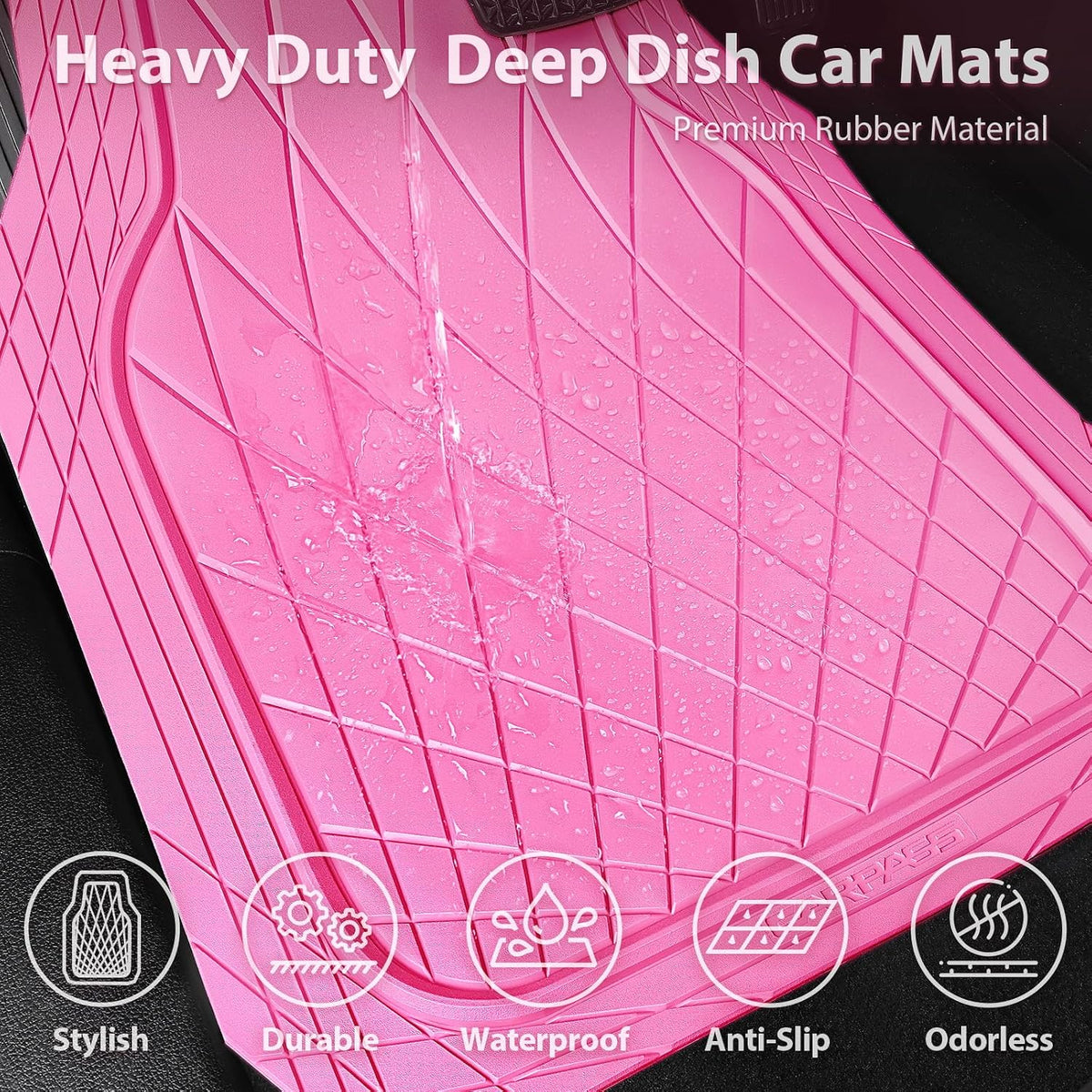 CAR PASS Heavy Duty Rubber Car Floor Mats, Deep Dish All Weather Car Mats Full Set, 3 Piece Waterproof Premium Anti-Slip Floor Mats Rugs Universal Trim to Fit for 95% Sedan SUV Van Truck, Pink