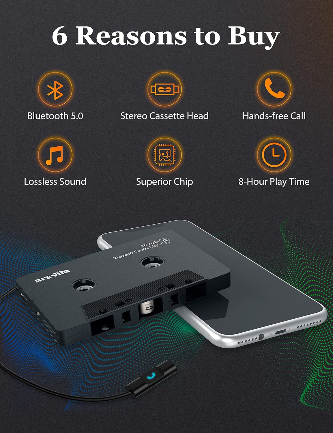 arsvita Bluetooth 5.0 Cassette to Aux Adapter for Car, Charcoal Black